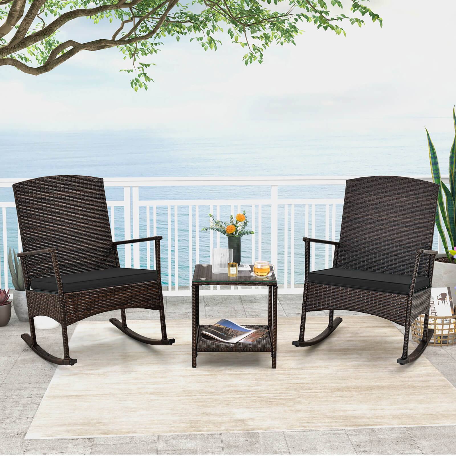 Alt View 1. Costway - Costway 3 PCS Patio Rocking Set Wicker Rocking Chairs with 2-Tier Coffee Table - Mix Brown,Black.