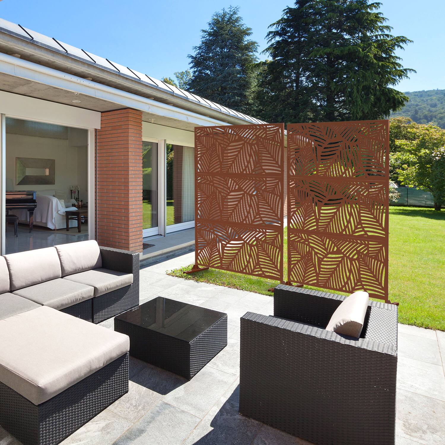 Alt View 3. PexFix - 72 in. x 47 in. Leaf Pattern Metal Outdoor Privacy Screen & Panels, Freestanding Garden Divider Fence - Brown.