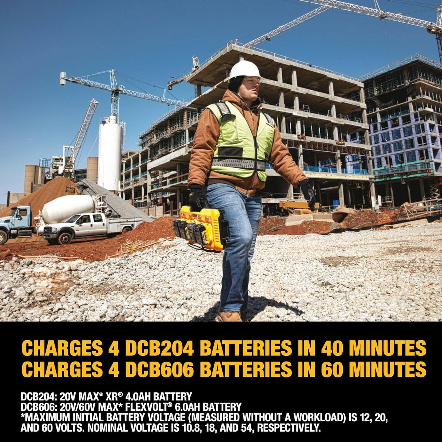 CHARGES 4 DCB204 BATTERIES IN 40 MINUTES  
CHARGES 4 DCB606 BATTERIES IN 60 MINUTES  

DCB204: 20V MAX* XR 4.0AH BATTERY  
DCB606: 20V/60V MAX* FLEXVOLT 6.0AH BATTERY  

*MAXIMUM INITIAL BATTERY VOLTAGE (MEASURED WITHOUT A WORKLOAD) IS 12, 20, AND 60 VOLTS. NOMINAL VOLTAGE IS 10.8, 18, AND 54, RESPECTIVELY.
