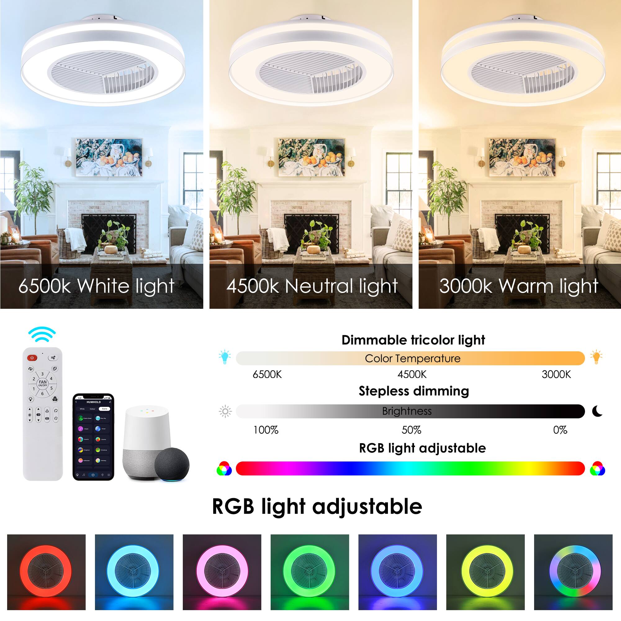 6500k White light  
4500k Neutral light  
3000k Warm light  

Dimmable tricolor light  
Color Temperature 4500K  
Stepless dimming  
Brightness 50%  
RGB light adjustable  

6500K 100% Dimmable tricolor light  
Color Temperature 4500K  
Stepless dimming  
Brightness 50%  
RGB light adjustable  

RGB light adjustable