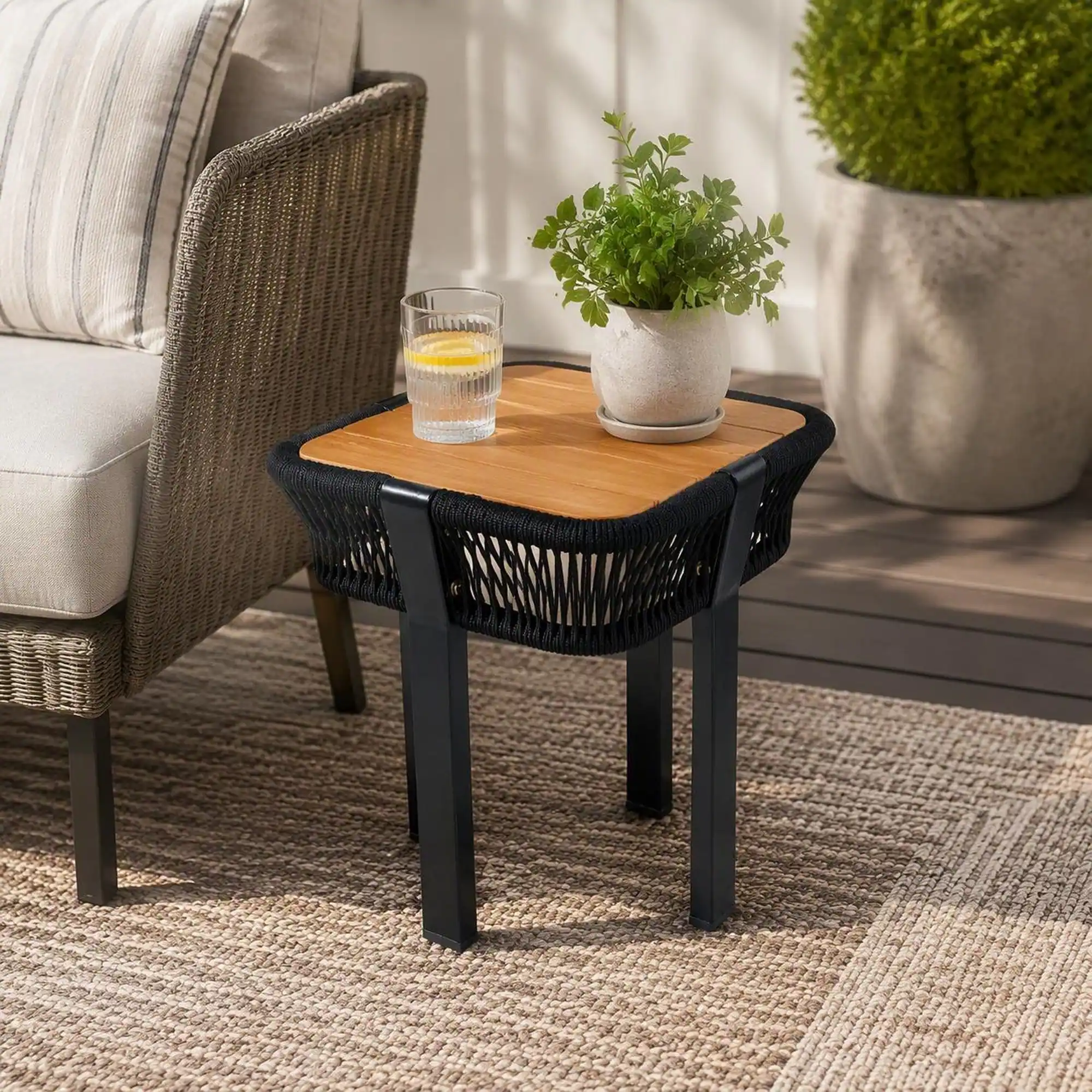Alt View 1. RYHNUYNE - Square Acacia Wood Side Table with Black Rope Frame,Teak Finish Outdoor Patio Accent End Table for Balcony - Black,Teak.