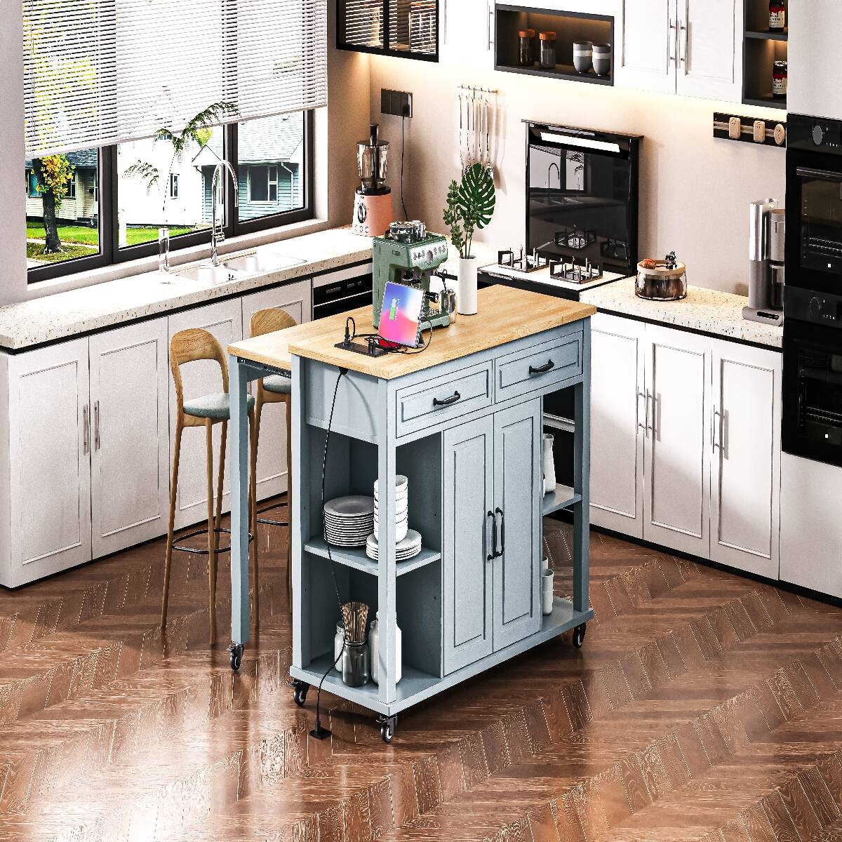 Alt View 3. Loheer - 47.2" Kitchen Island with Extendable Dining Table, Rolling Kitchen Island with Storage - Grey Blue.