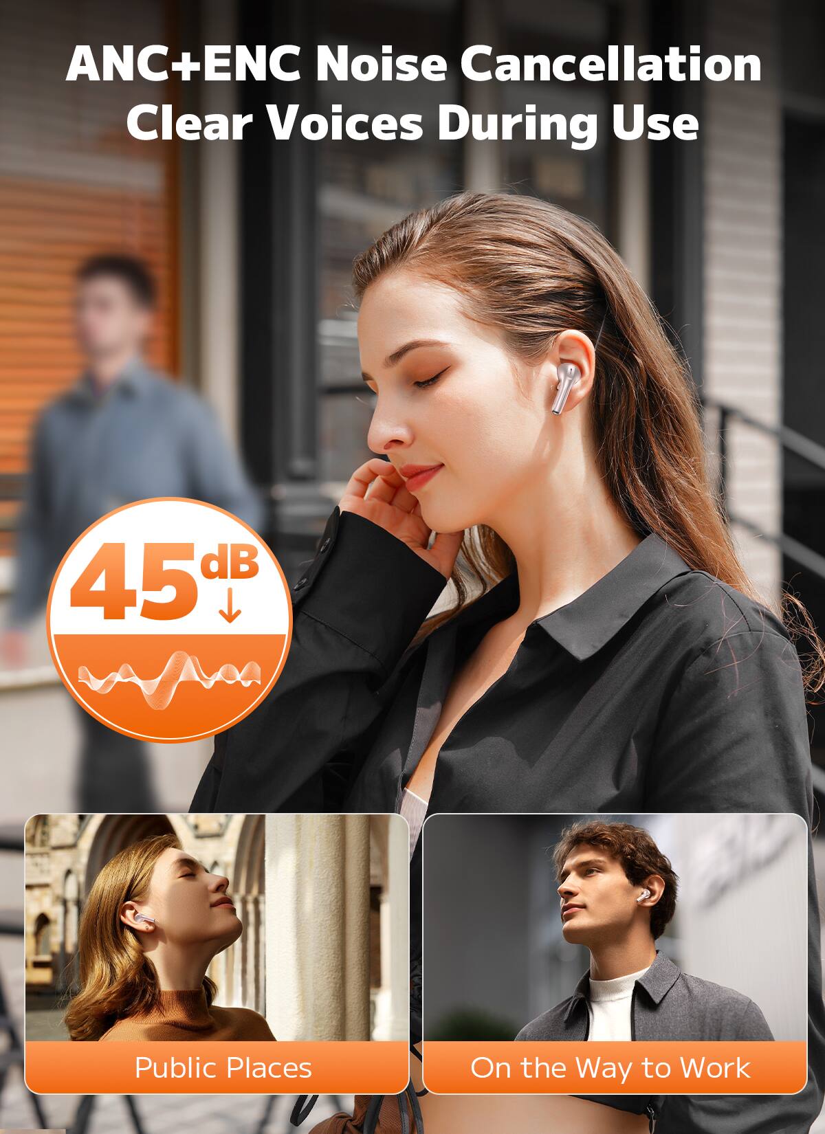 ANC+ENC Noise Cancellation  
Clear Voices During Use  

45 dB  

Public Places  
On the Way to Work