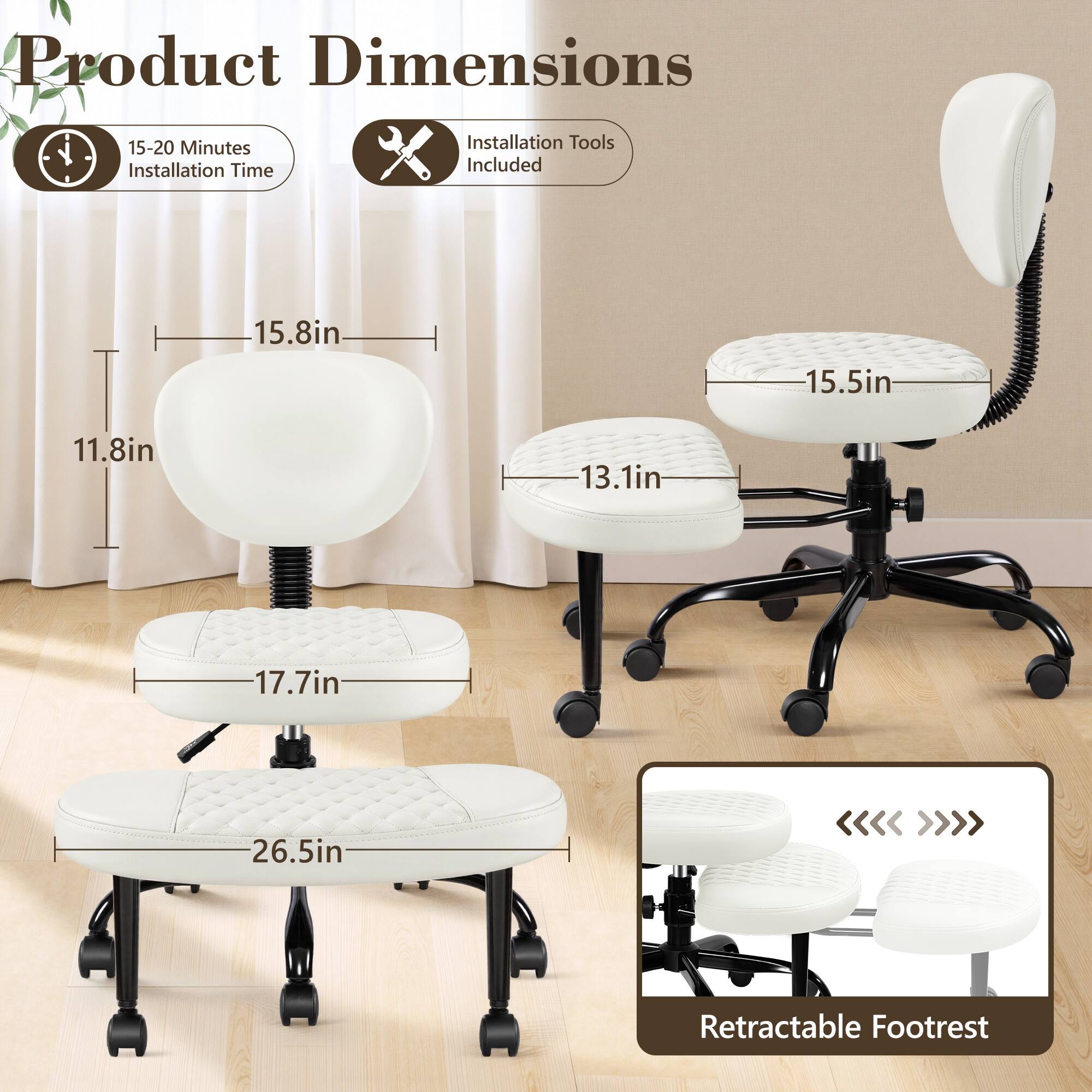 Product Dimensions, 15-20 Minutes Installation Time, Installation Tools Included, 15.8in, 15.5in, 11.8in, 13.1in, 17.7in, 26.5in, Retractable Footrest