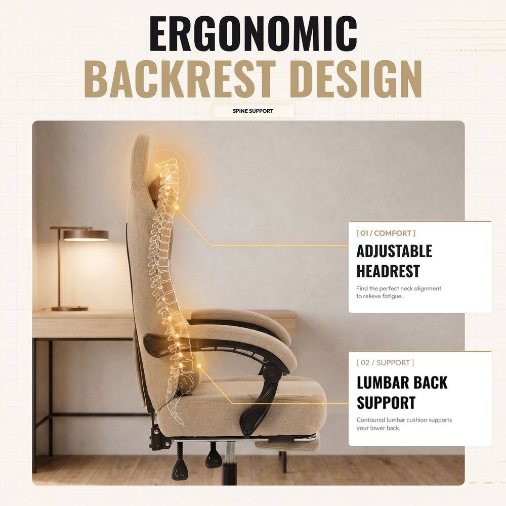 ERGONOMIC BACKREST DESIGN SPINE SUPPORT

[01/COMFORT] ADJUSTABLE HEADREST
Find the perfect neck alignment to relieve fatigue.

[02/SUPPORT] LUMBAR BACK SUPPORT
Contoured lumbar cushion supports your lower back.