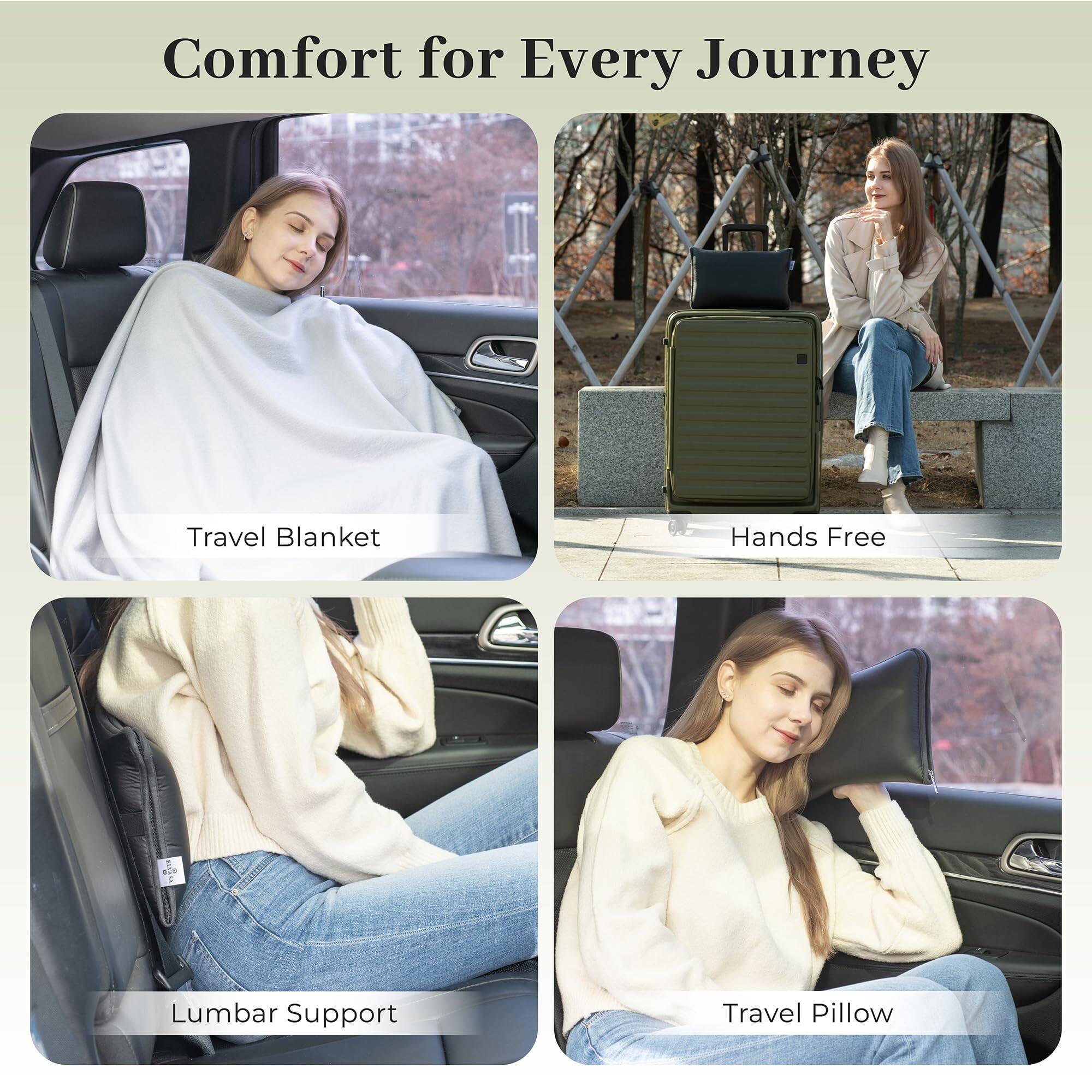 Comfort for Every Journey

- Travel Blanket
- Hands Free
- Lumbar Support
- Travel Pillow