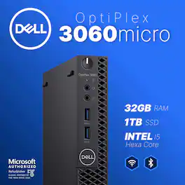 Dell - Refurbished Excellent - Optiplex 3060 Micro Computer-Hexa Intel i5 (2.1)-32GB RAM-1TB SSD Solid State-Win 11 Pro - Black