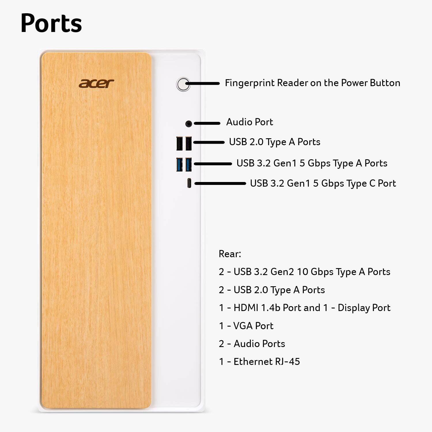 Ports

- Fingerprint Reader on the Power Button
- Audio Port
- USB 2.0 Type A Ports
- USB 3.2 Gen1 5 Gbps Type A Ports
- USB 3.2 Gen1 5 Gbps Type C Port

Rear:
- 2 - USB 3.2 Gen2 10 Gbps Type A Ports
- 2 - USB 2.0 Type A Ports
- 1 - HDMI 1.4b Port and 1 - Display Port
- 1 - VGA Port
- 2 - Audio Ports
- 1 - Ethernet RJ-45