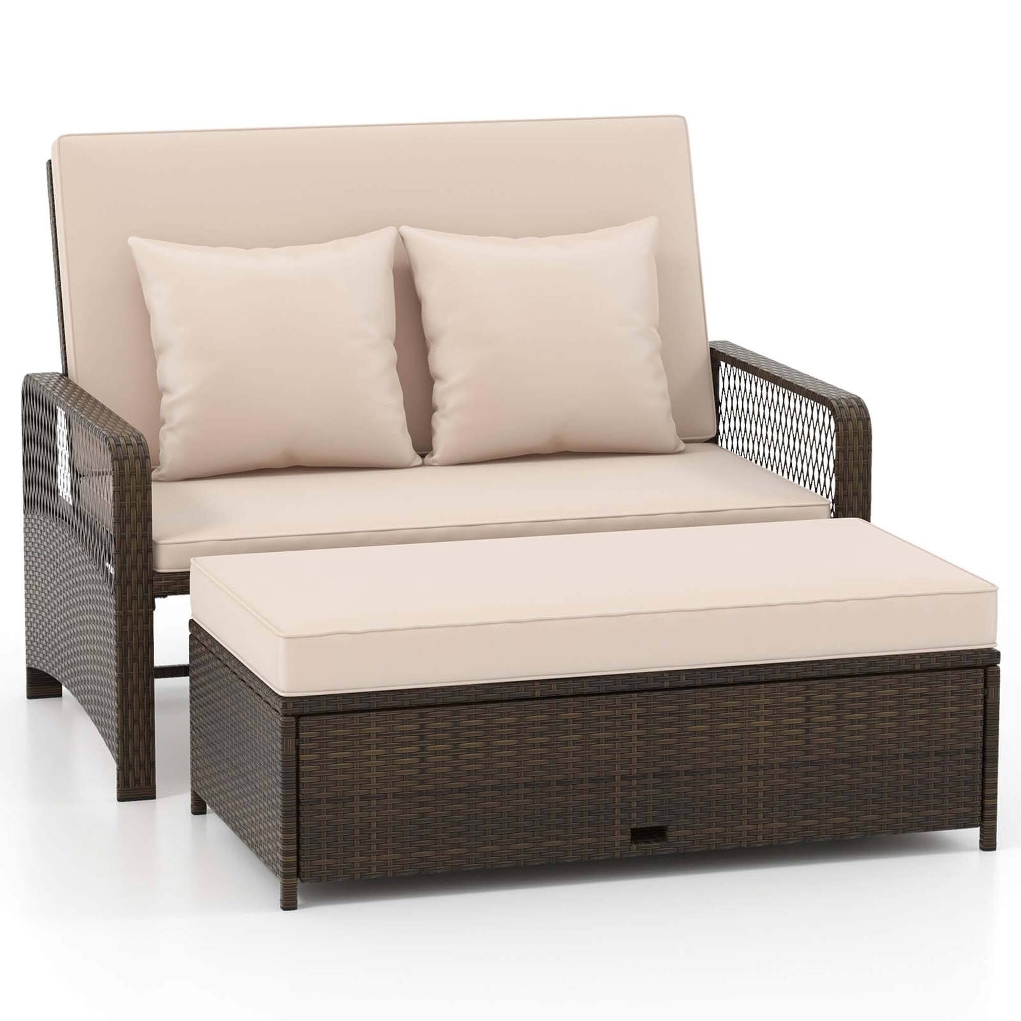 Angle. Costway - Patio Rattan Daybed Wicker Loveseat Sofa with Multifunctional Ottoman - Mix Brown + Beige.