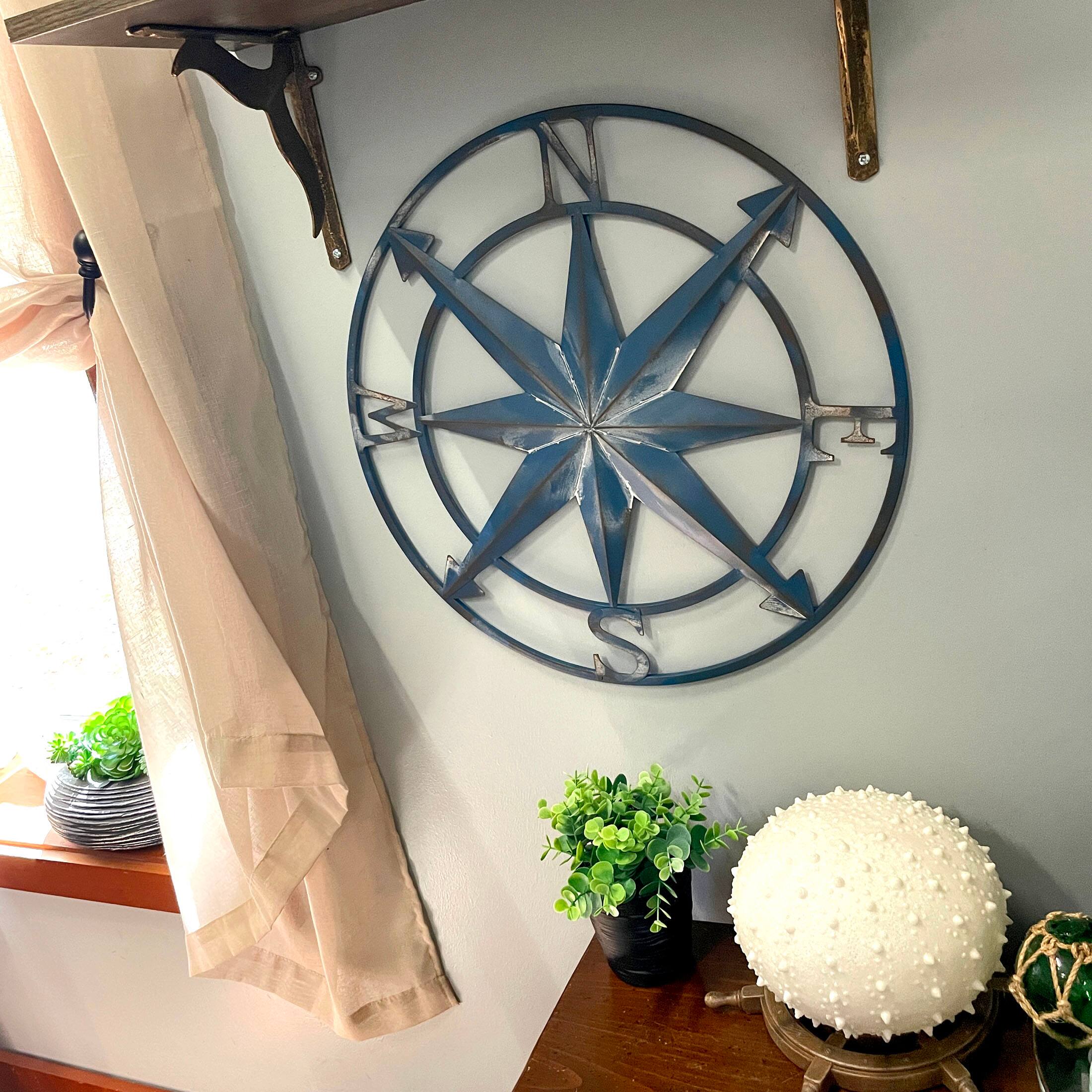 Alt View 3. Zeckos - 20 Inch Distressed Metal Compass Rose Nautical Wall Decor Indoor Outdoor, Blue - Blue.