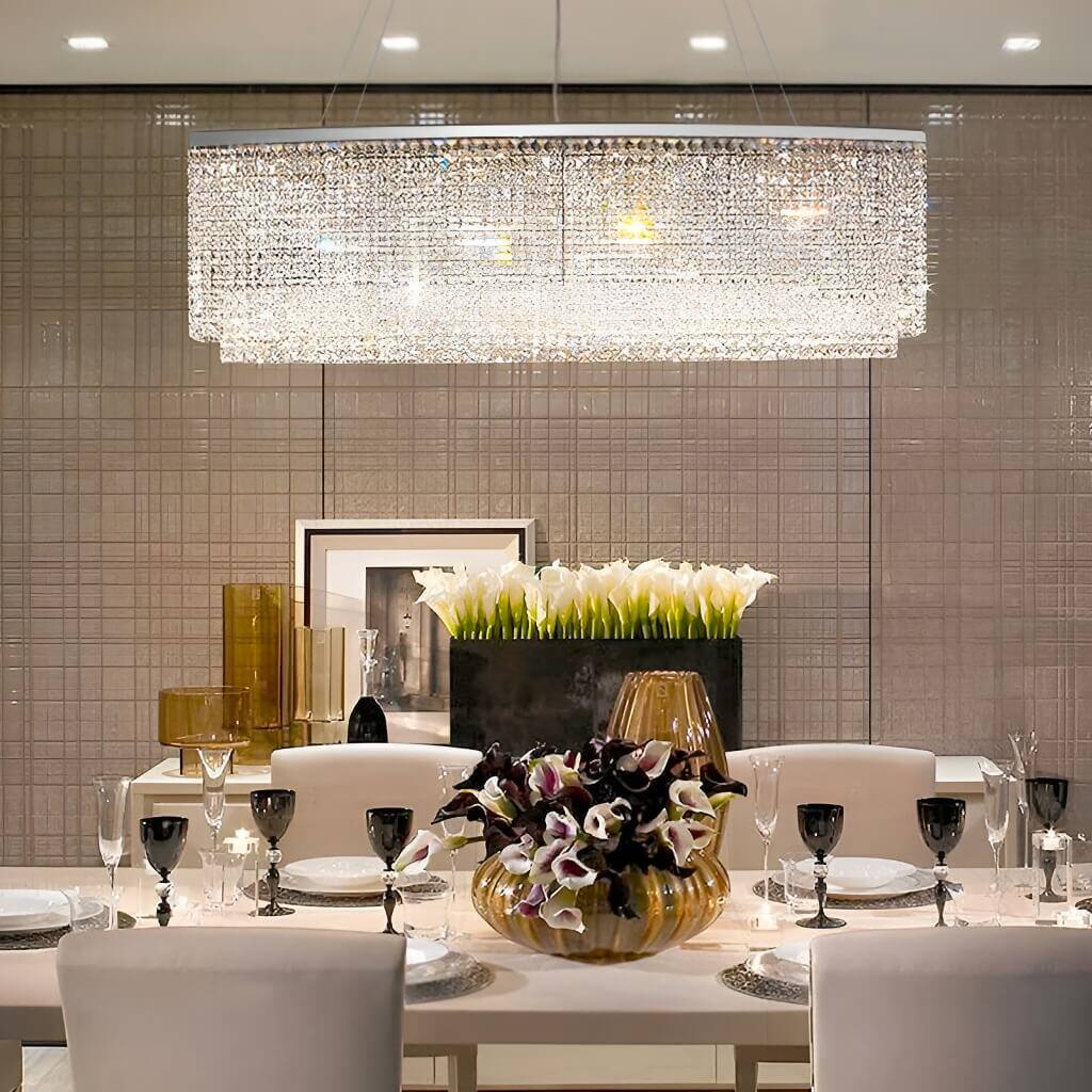 Alt View 4. Siljoy - Modern Linear Rectangular Crystal Chandelier K9 Raindrop Crystals  for Dining Room, Kitchen Island & Living Roomm - White.