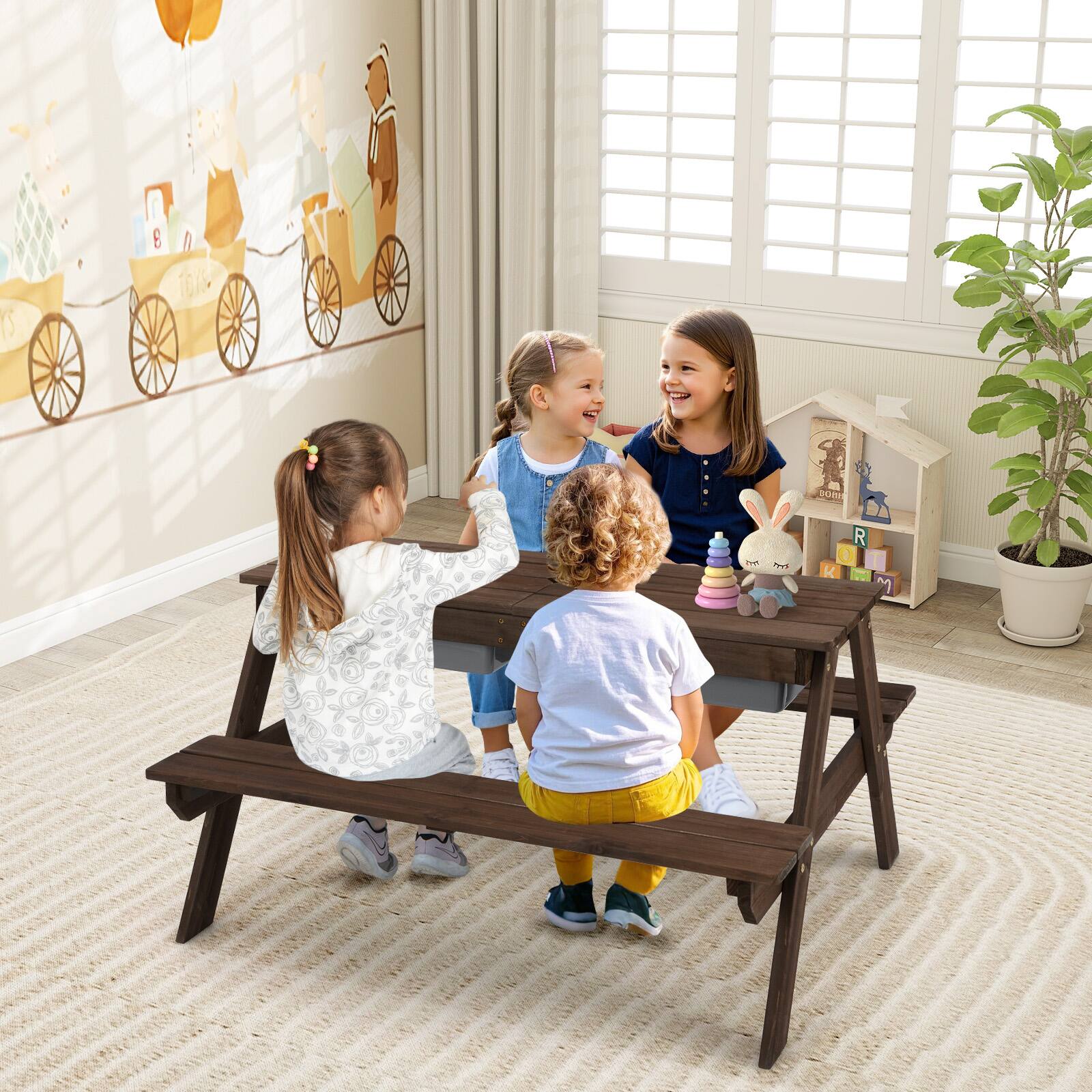 Alt View 3. Costway - Costway 3-in-1 Kids Picnic Table Wooden Outdoor Sand & Water Table with Umbrella Play Boxes - Brown.