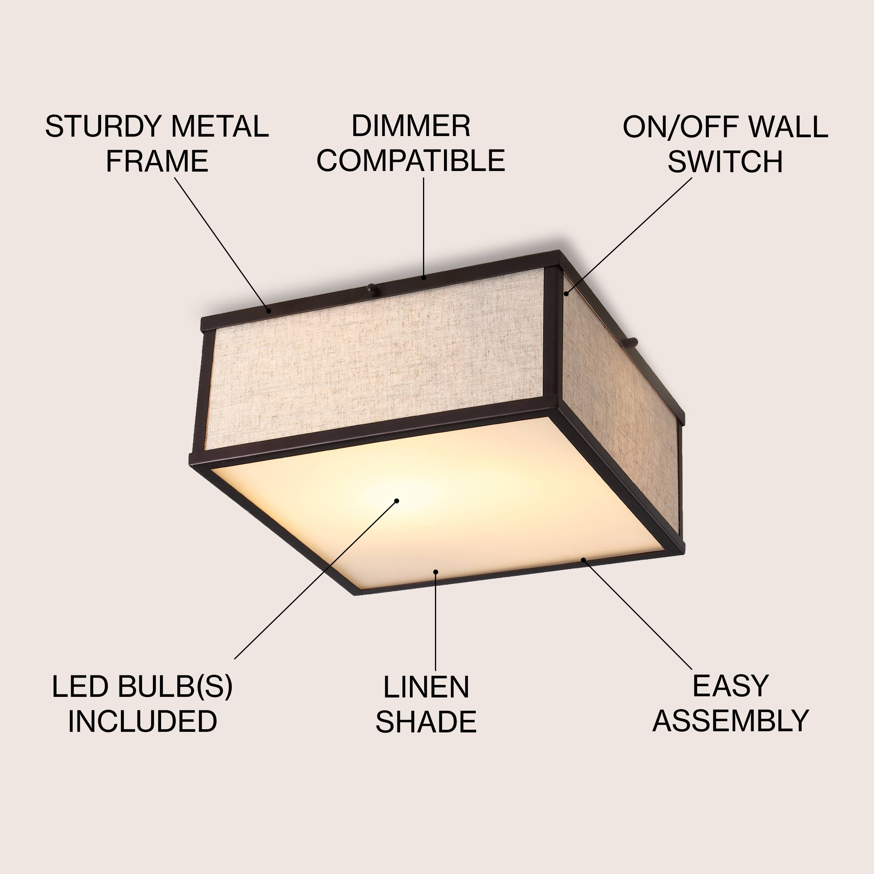 STURDY METAL DIMMER FRAME COMPATIBLE ON/OFF WALL SWITCH LED BULB(S) INCLUDED LINEN SHADE EASY ASSEMBLY