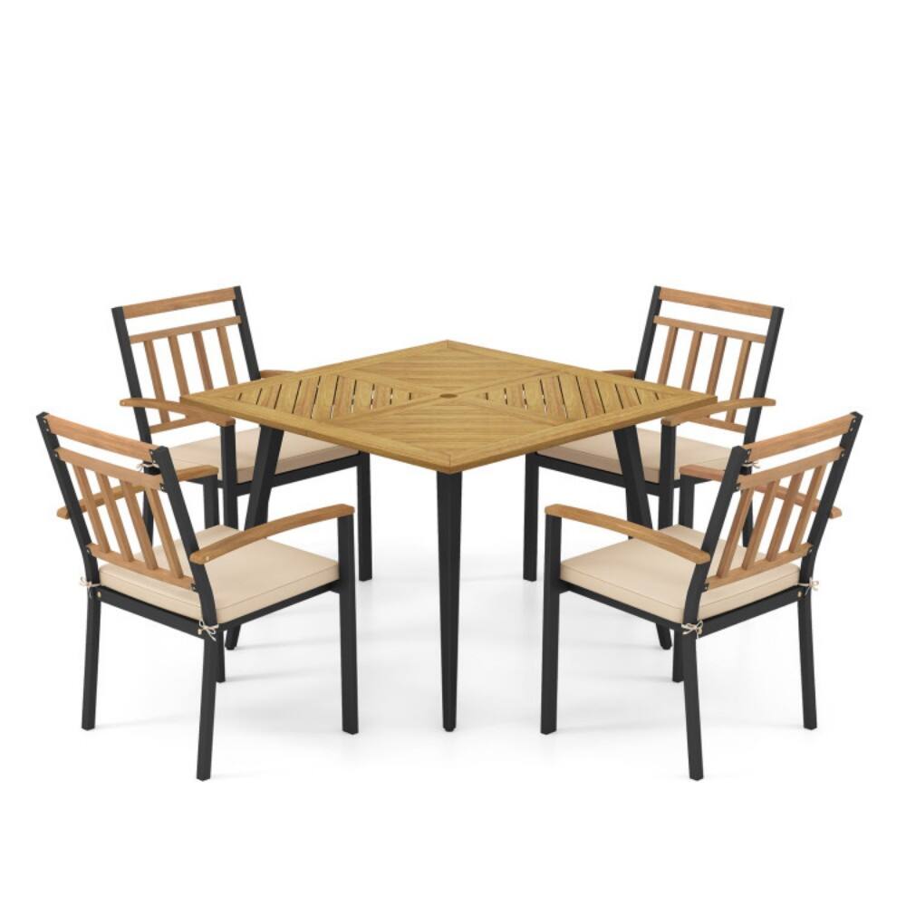 Mondawe - 5 Pieces Patio Dining Set with Cushions and 1.9 inches Umbrella Hole - Natural and Black
