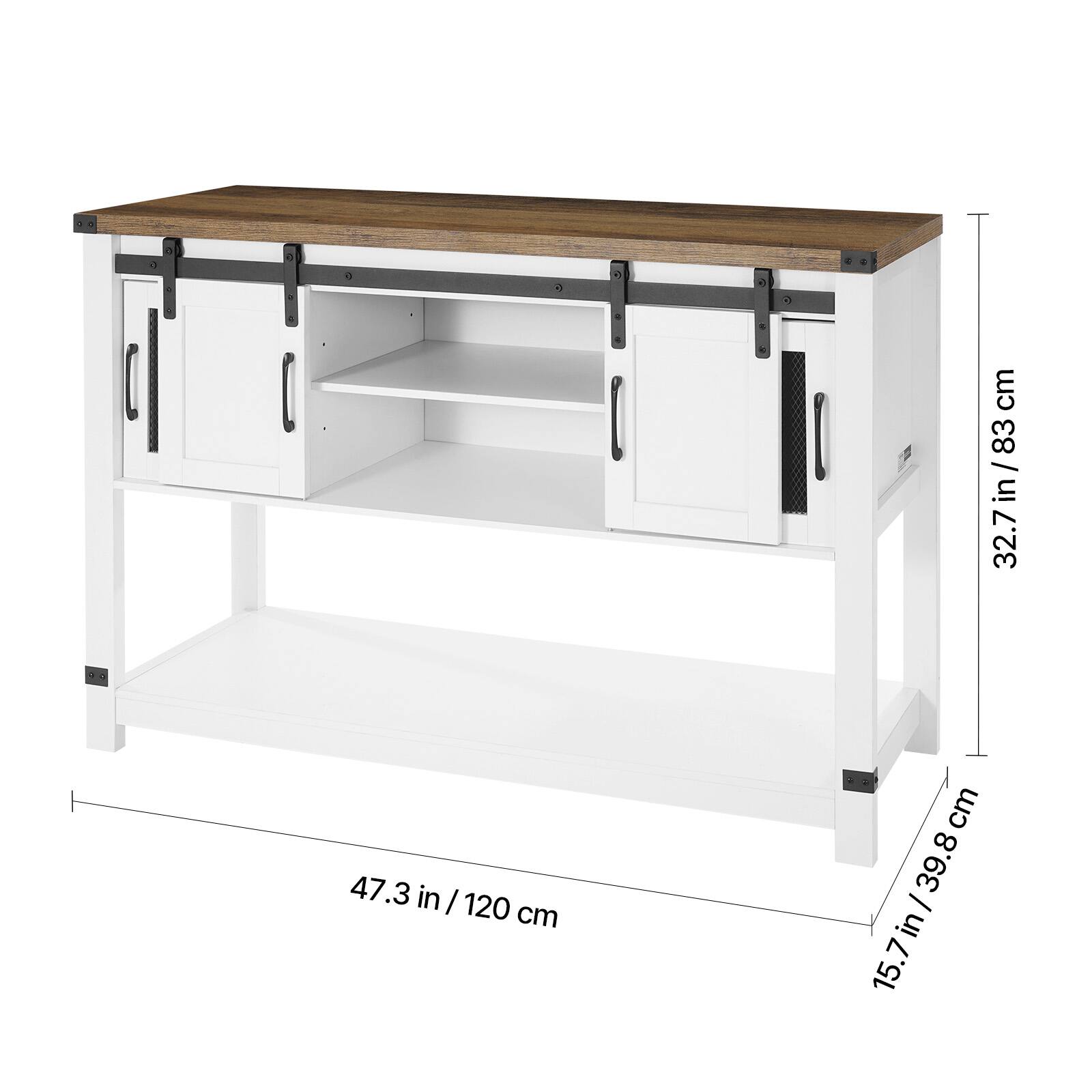 - Width: 47.3 in / 120 cm
- Depth: 15.7 in / 39.8 cm
- Height: 32.7 in / 83 cm