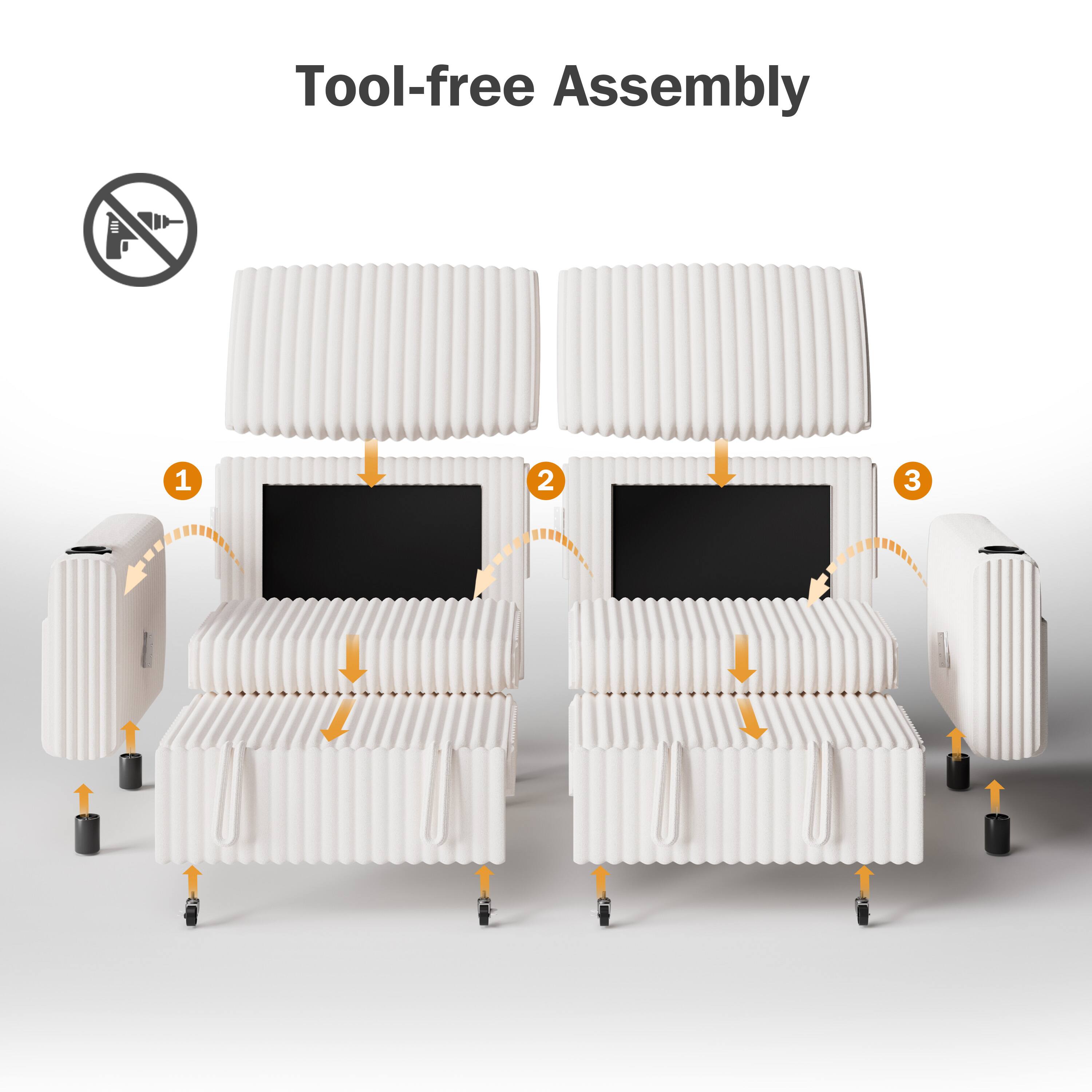 Tool-free Assembly

1. Place the top panel.
2. Attach the side panels.
3. Secure the bottom panel.