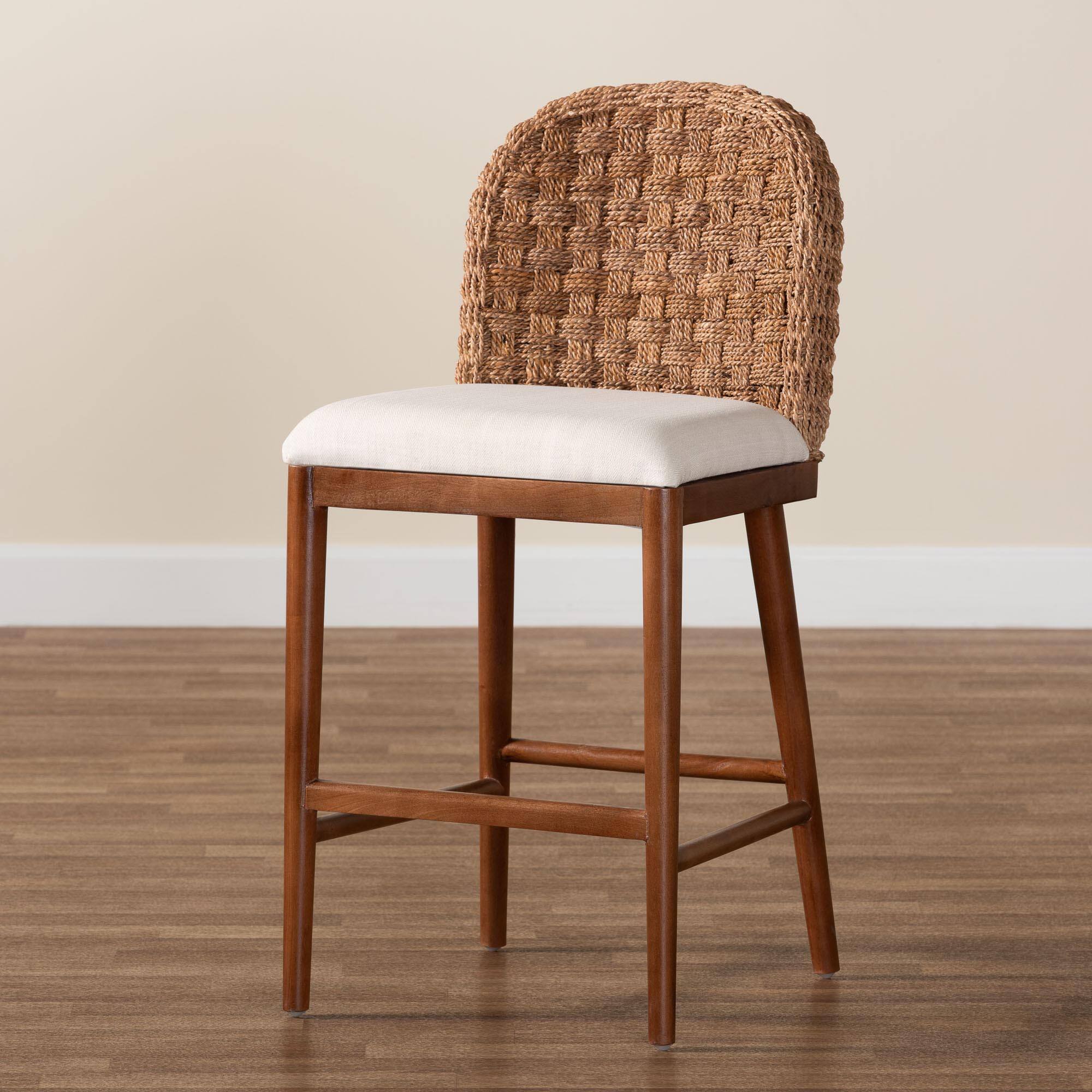Alt View 5. bali & pari - Denver Modern Bohemian Walnut Finished Acacia Wood and Seagrass Counter Stool - White/Walnut Brown.