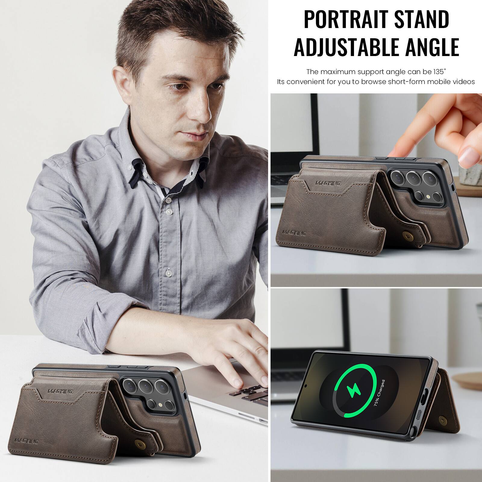 PORTRAIT STAND ADJUSTABLE ANGLE

The maximum support angle can be 135°

Its convenient for you to browse short-form mobile videos

3 BSARTEING L

Charged 19% 1Ea WCIE