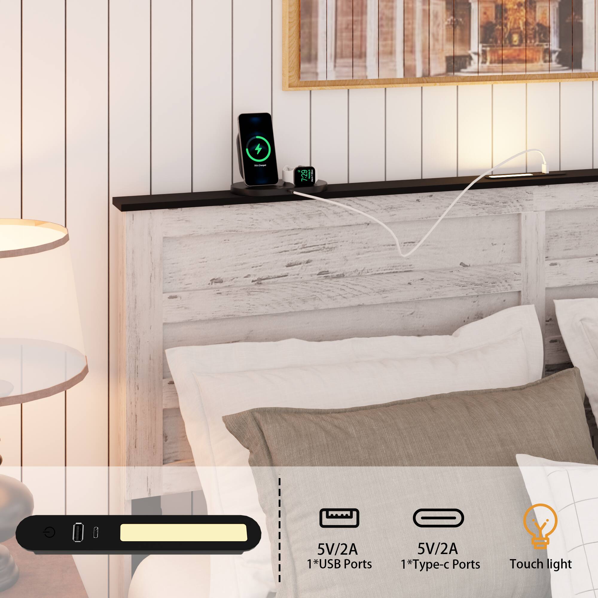 5V/2A 1*USB Ports  
5V/2A 1*Type-c Ports  
Touch light