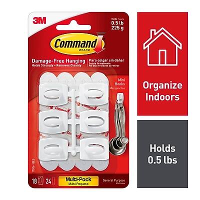 3M Command Brand Damage-Free Hanging  
0.5 lb (225 g)  
Holds Strongly - Removes Cleanly  
Mini Hooks  
Organize Indoors  
Holds 0.5 lbs  
Multi-Pack (18 Mini Hooks)  
General Purpose  
17006-18E5