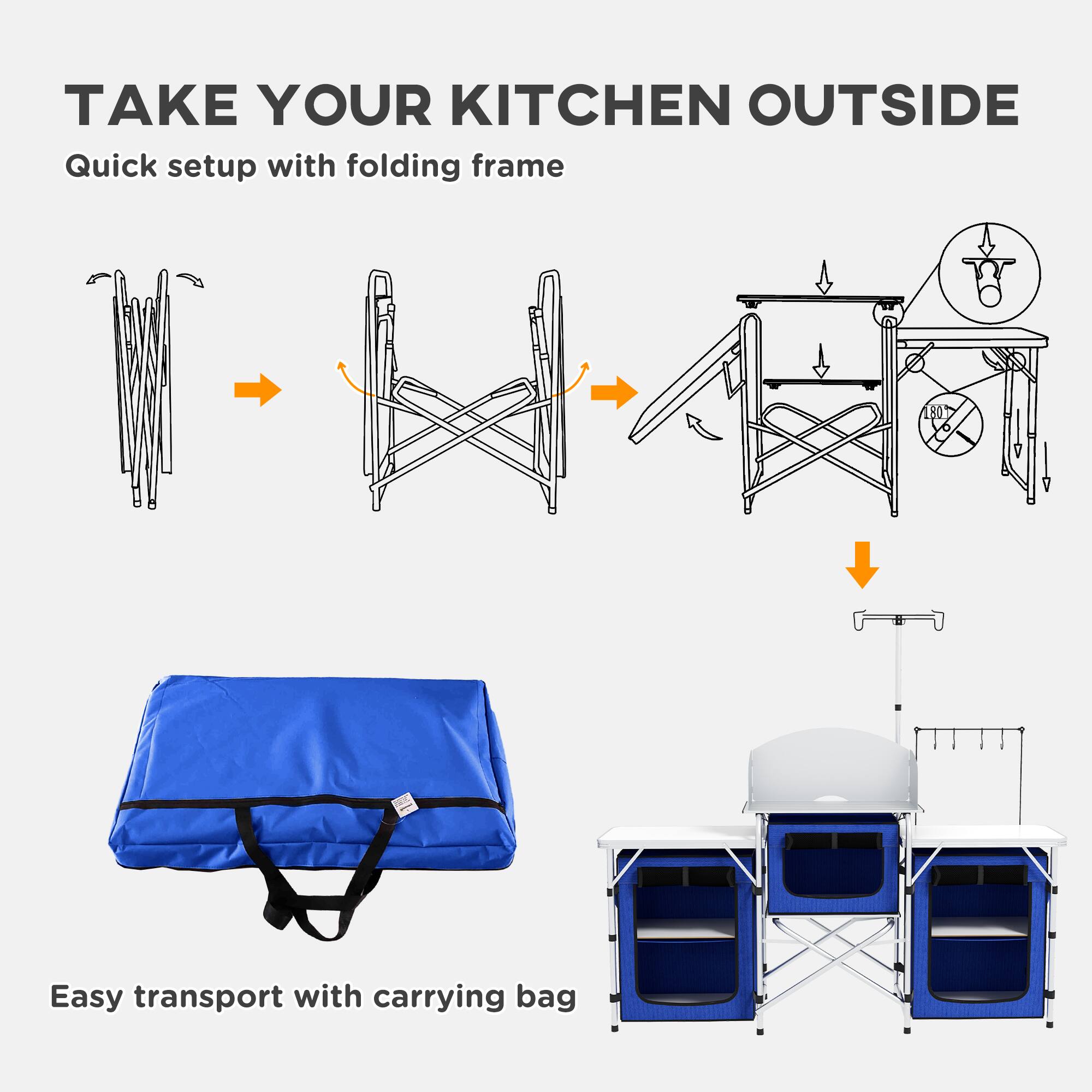 TAKE YOUR KITCHEN OUTSIDE

Quick setup with folding frame

Easy transport with carrying bag