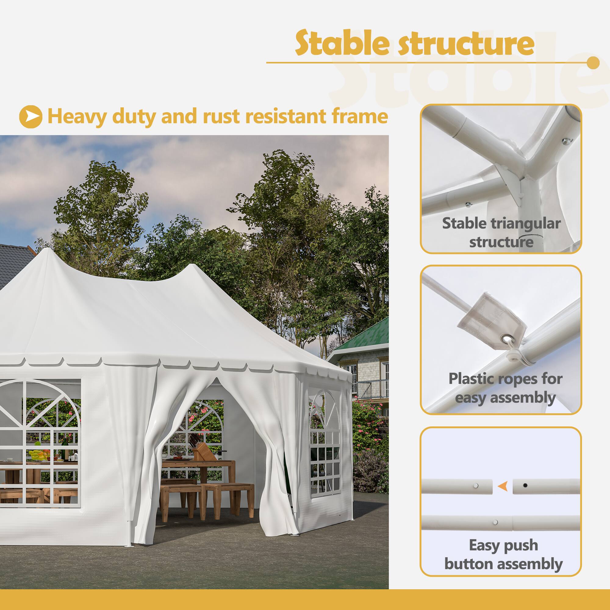 Stable structure

- Heavy duty and rust resistant frame
- Stable triangular structure
- Plastic ropes for easy assembly
- Easy push button assembly