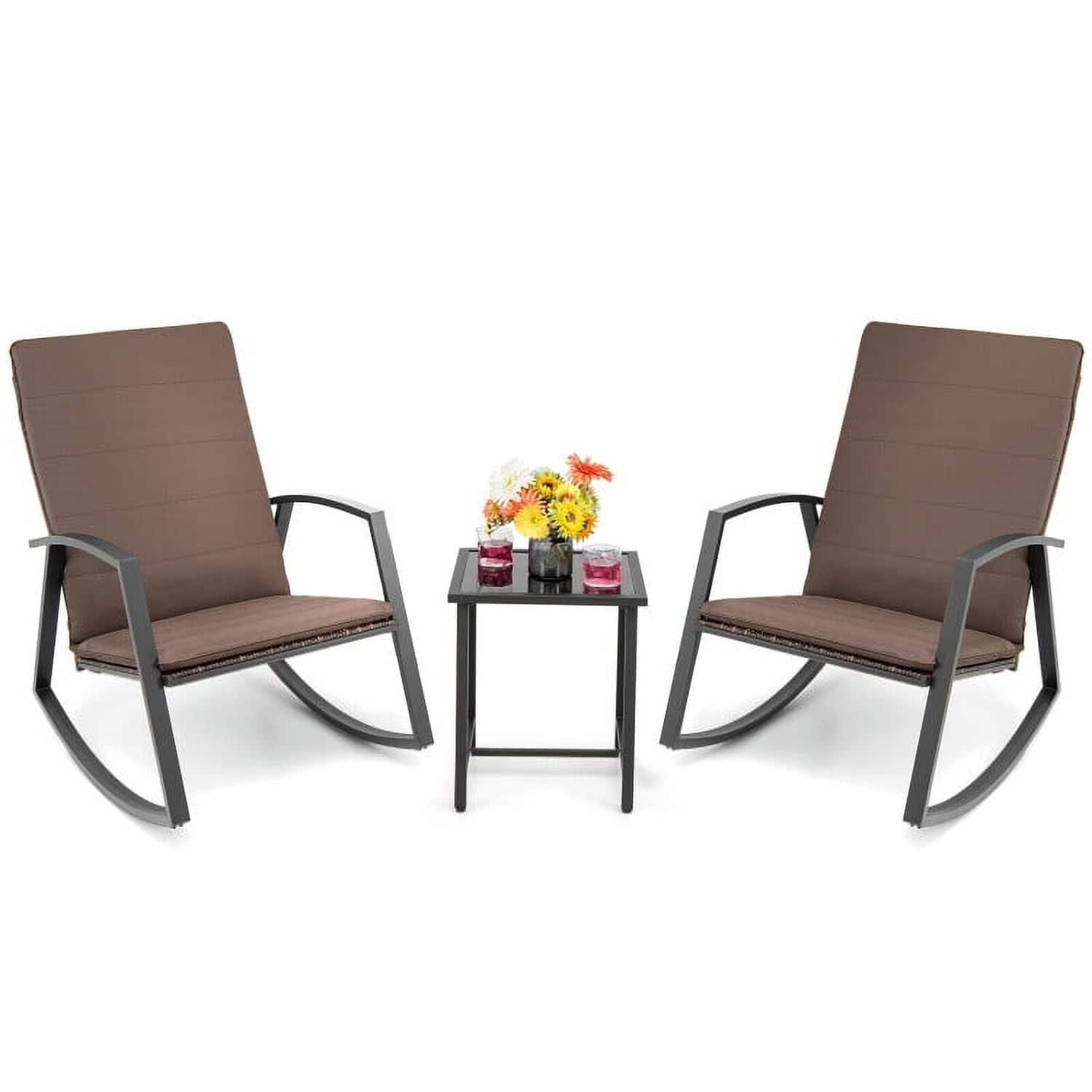 Kadyn - 3 Pieces Patio Rattan Rocking Furniture Set, Small Patio Conversation Furniture Set with Table Deck - Brown