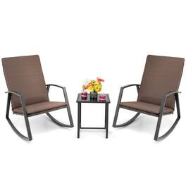 Kadyn - 3 Pieces Patio Rattan Rocking Furniture Set, Small Patio Conversation Furniture Set with Table Deck - Brown