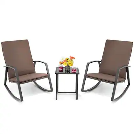 Front. Kadyn - 3 Pieces Patio Rattan Rocking Furniture Set, Small Patio Conversation Furniture Set with Table Deck-Brown - Brown.