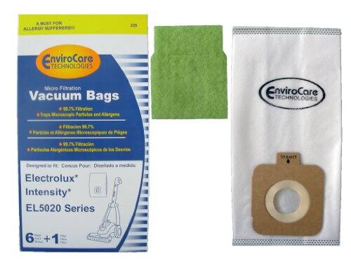 A MUST FOR ALLERGY SUFFERERS  
EnviroCare TECHNOLOGIES  
Micro Filtration Vacuum Bags  
98.7% Filtration of Microscopic Particles and Allergens  
99.7% Filtration of Particles "Atrgenes Microscopiques de Piges"  
99.7% Filtracin Particulas Alergenicos Microscpicos d los Deavios  

Designed to fit:  
Electrolux* Intensity* EL5020 Series  
Insert 6 + 1