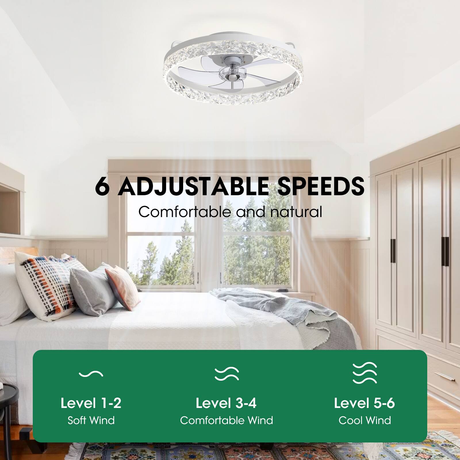 6 Adjustable Speeds  
Comfortable and natural  
Level 1-2: Soft Wind  
Level 3-4: Comfortable Wind  
Level 5-6: Cool Wind
