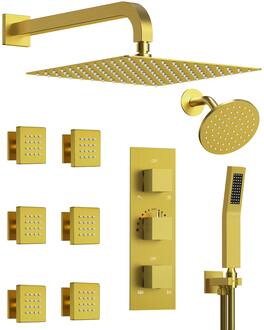 GRANDJOY - 12" Rain Shower System with 6" Wall Shower, Handheld Sprayer, 6 Body Jets and Thermostatic Brass Valve Faucet Set - Brushed Gold