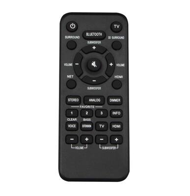 TV
BLUETOOTH
SURROUND
3D SURROUND
VOLUME
HDMI
SUBWOOFER
STEREO
ANALOG
DIMMER
FAVORITE 1 2 3
CLEAR
BASS
VOICE
EXTENSION
INFO
VOLUME
SUBWOOFER