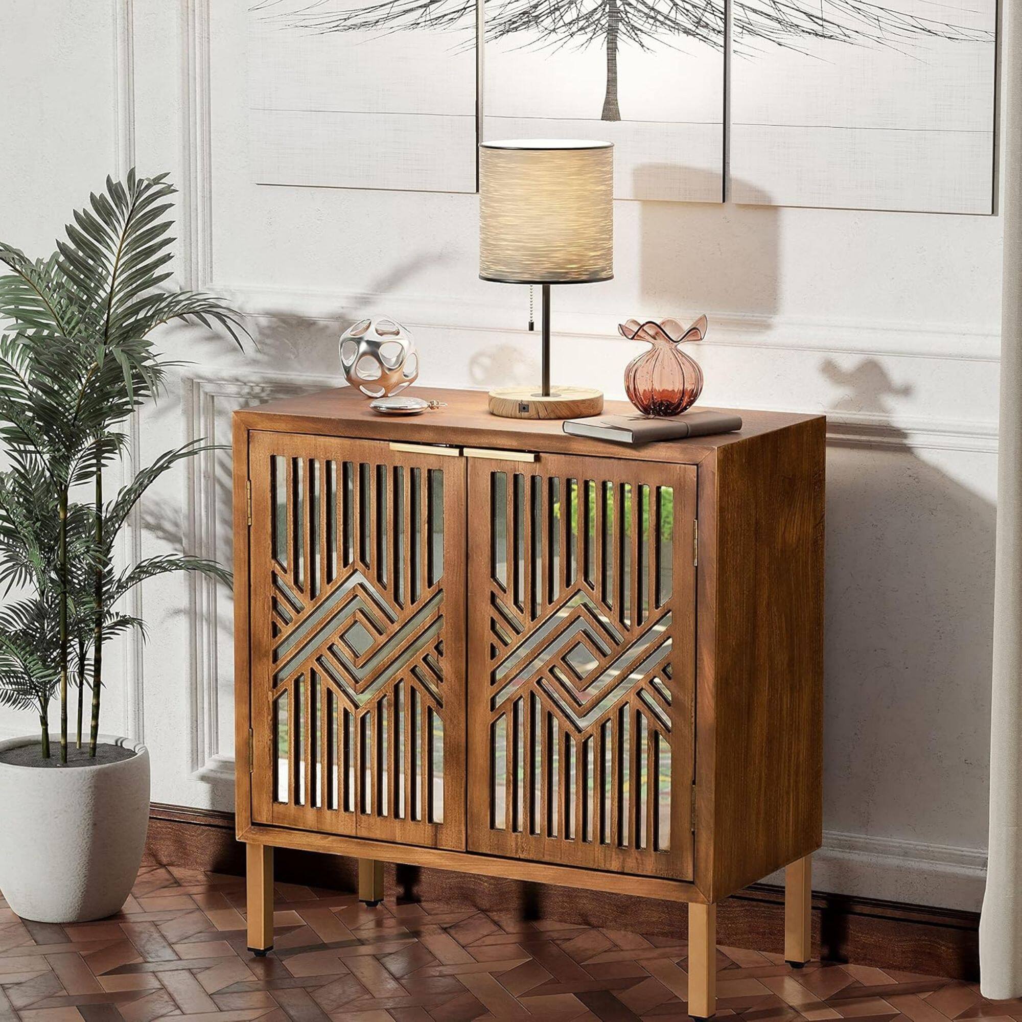 Alt View 4. COZAYH - COZAYH 2 Door Modern Accent Cabinet Mirror Front Storage Sideboard, Metal, Wood - Wood.