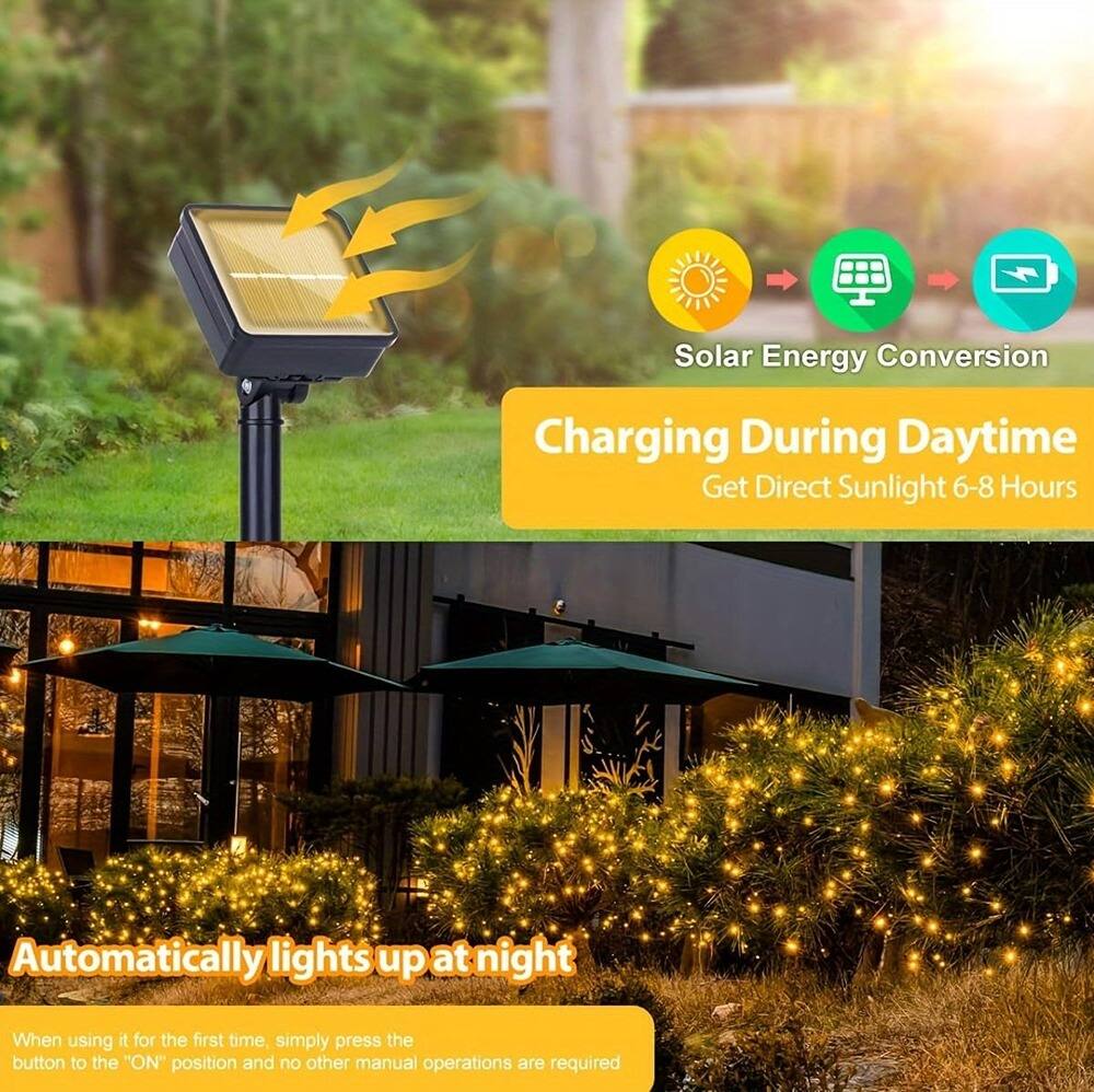 Solar Energy Conversion  
Charging During Daytime  
Get Direct Sunlight 6-8 Hours  

Automatically lights up at night  

When using it for the first time, simply press the button to the "ON" position and no other manual operations are required.