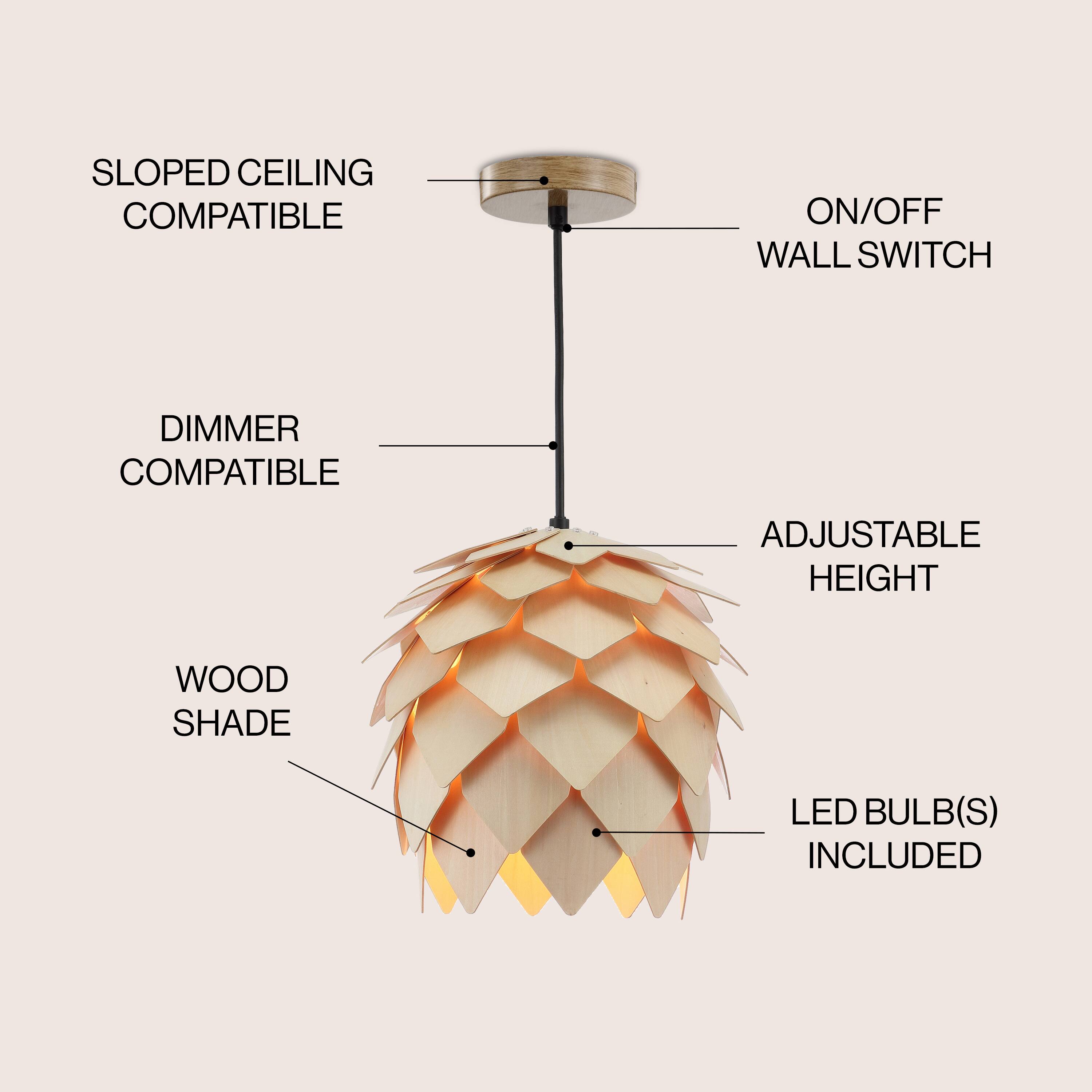 SLOPED CEILING COMPATIBLE  
ON/OFF WALL SWITCH  
DIMMER COMPATIBLE  
ADJUSTABLE HEIGHT  
WOOD SHADE  
LED BULB(S) INCLUDED