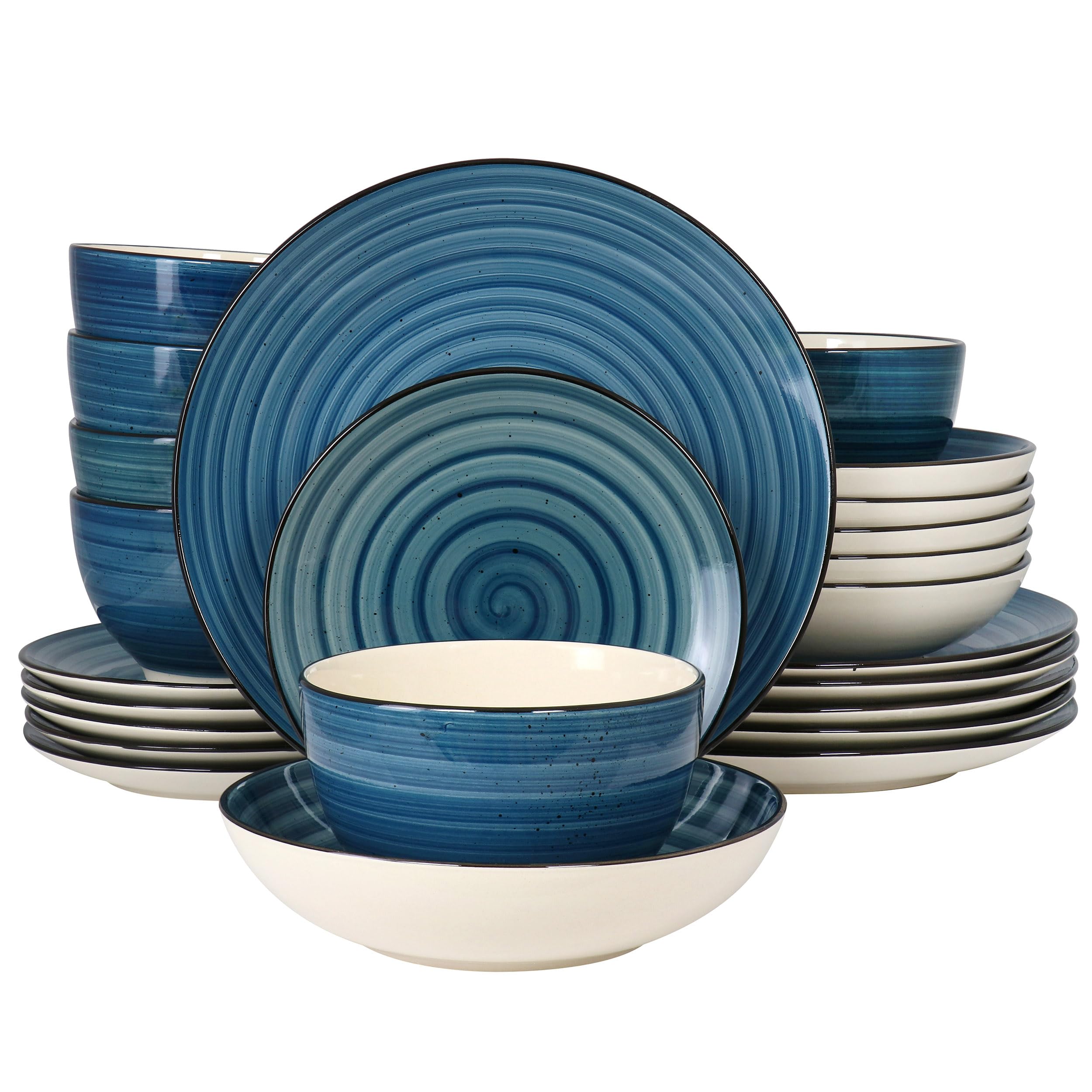 Dazzed Corner - 24 Piece Round Stoneware Dinnerware Set - Dark Blue