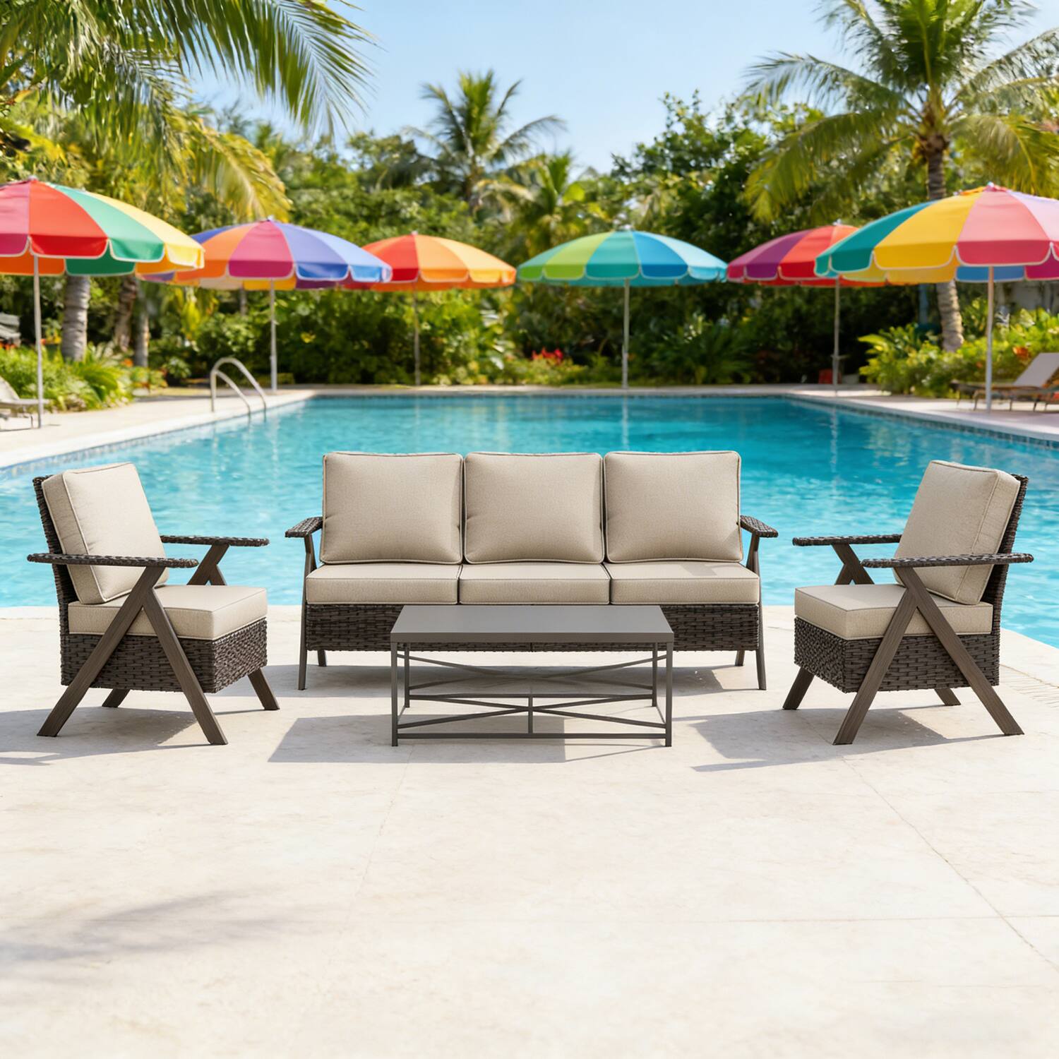 Angle. Bestier - Patio Furniture Set, Outdoor Conversation Set with Thick Cushion Sofa Loveseat Swivel Chairs Coffee Table for Backyard - Beige.