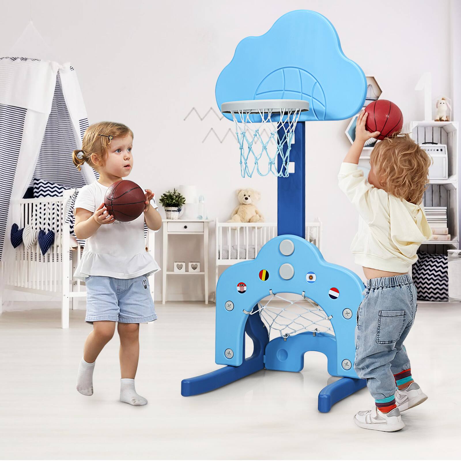 Alt View 3. Costway - Costway 3-in-1 Kids Basketball Hoop Set Adjustable Sports Activity Center w/ Balls - Blue.
