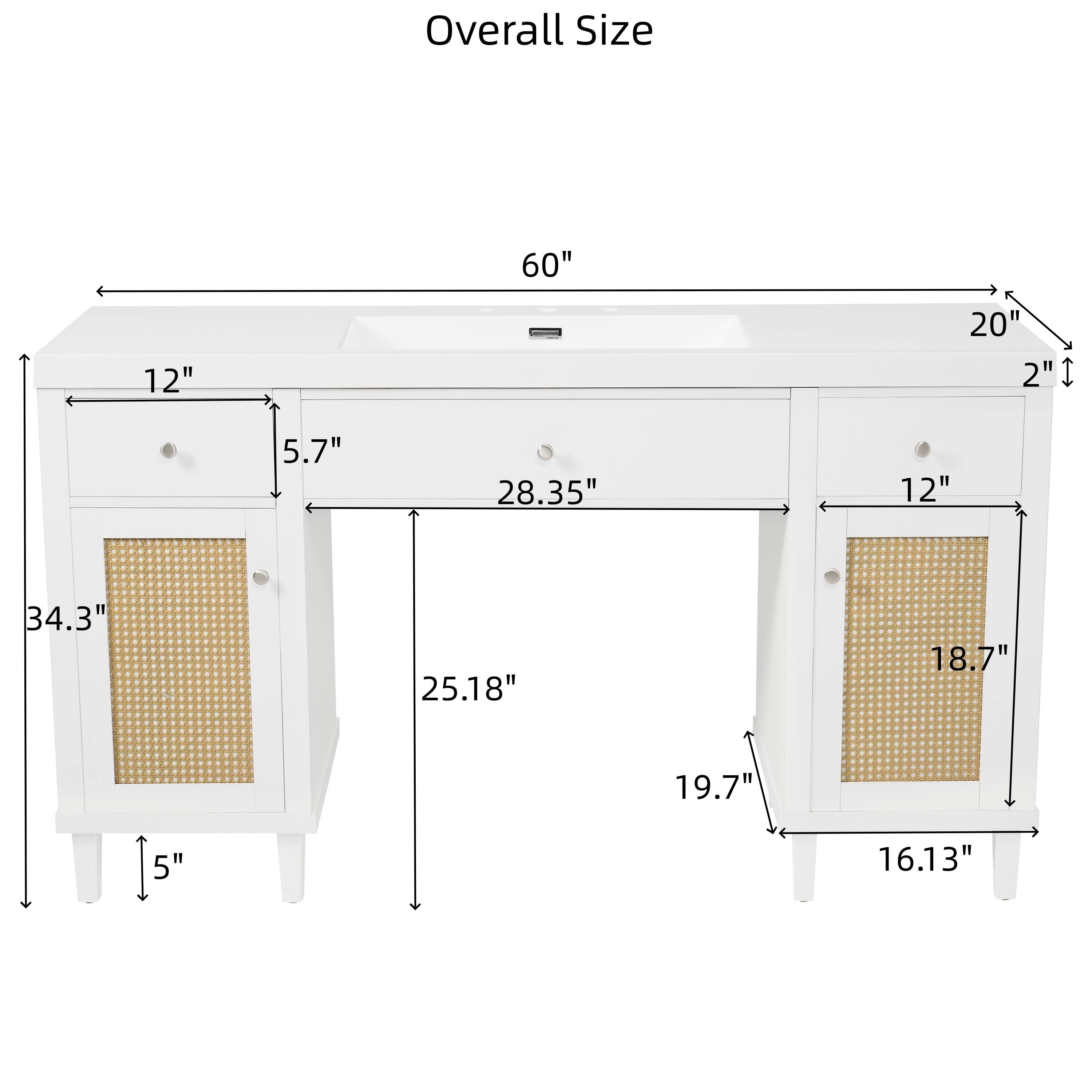 Overall Size  
60" x 20" x 2"  
12" x 5.7" x 28.35"  
12" x 34.3" x 25.18"  
18.7" x 19.7" x 5"  
16.13"