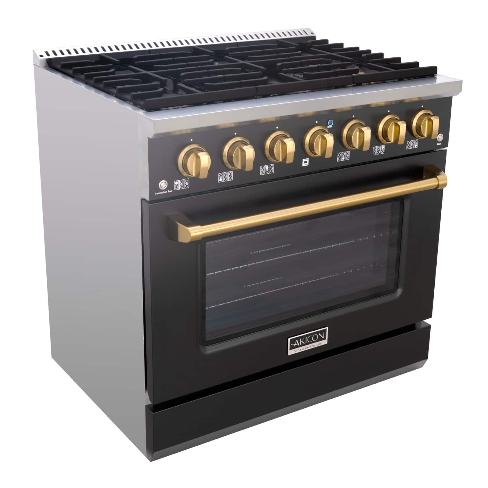 Akicon - 5.2 Cu.ft Slide-in Freestanding Gas Convection Range with 6 Burners and Cast Iron Grates in Black with Gold - Black with Gold