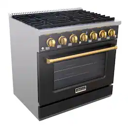 Akicon - 5.2 Cu.ft Slide-in Freestanding Gas Convection Range with 6 Burners and Cast Iron Grates in Black with Gold - Black with Gold
