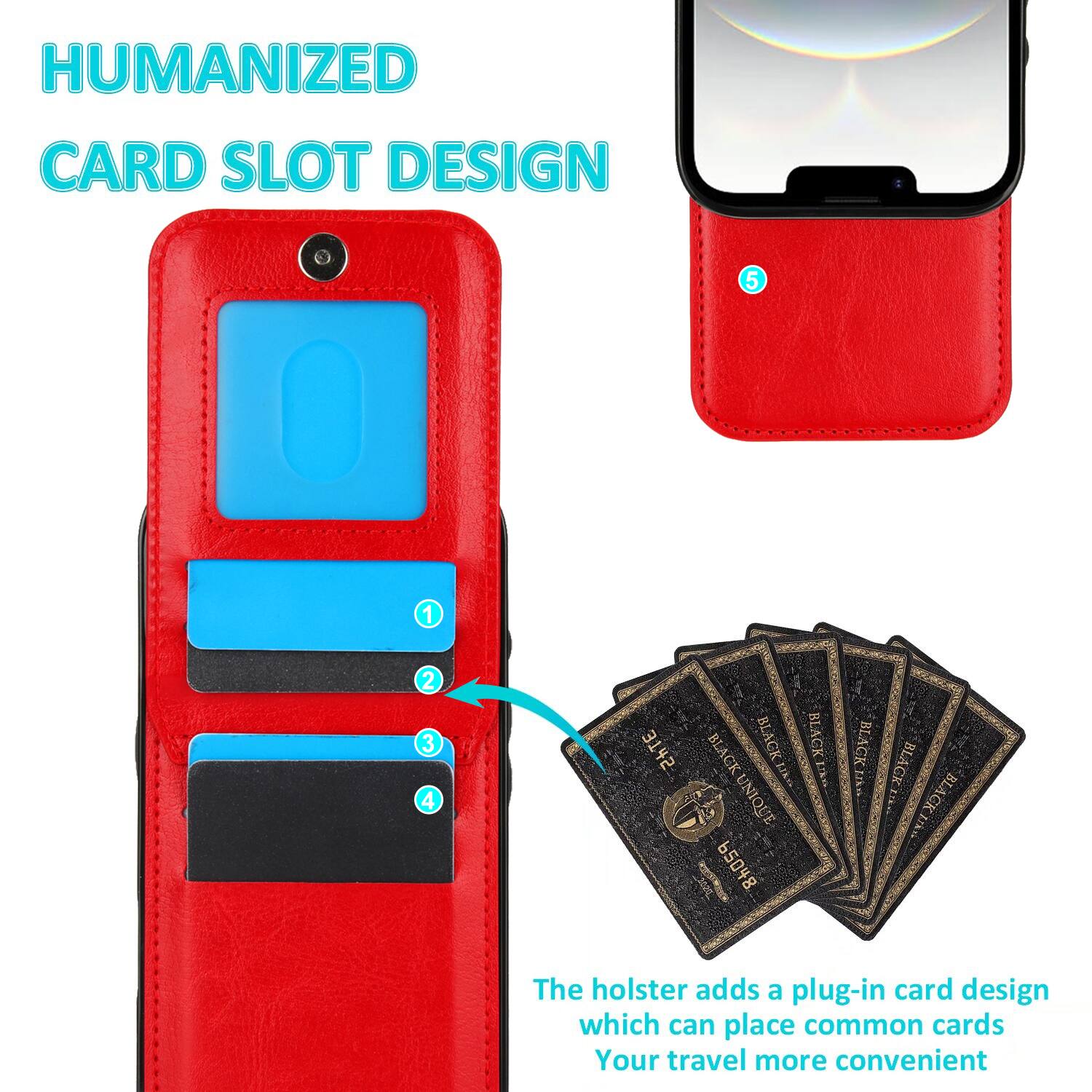HUMANIZED CARD SLOT DESIGN

The holster adds a plug-in card design which can place common cards. Your travel more convenient