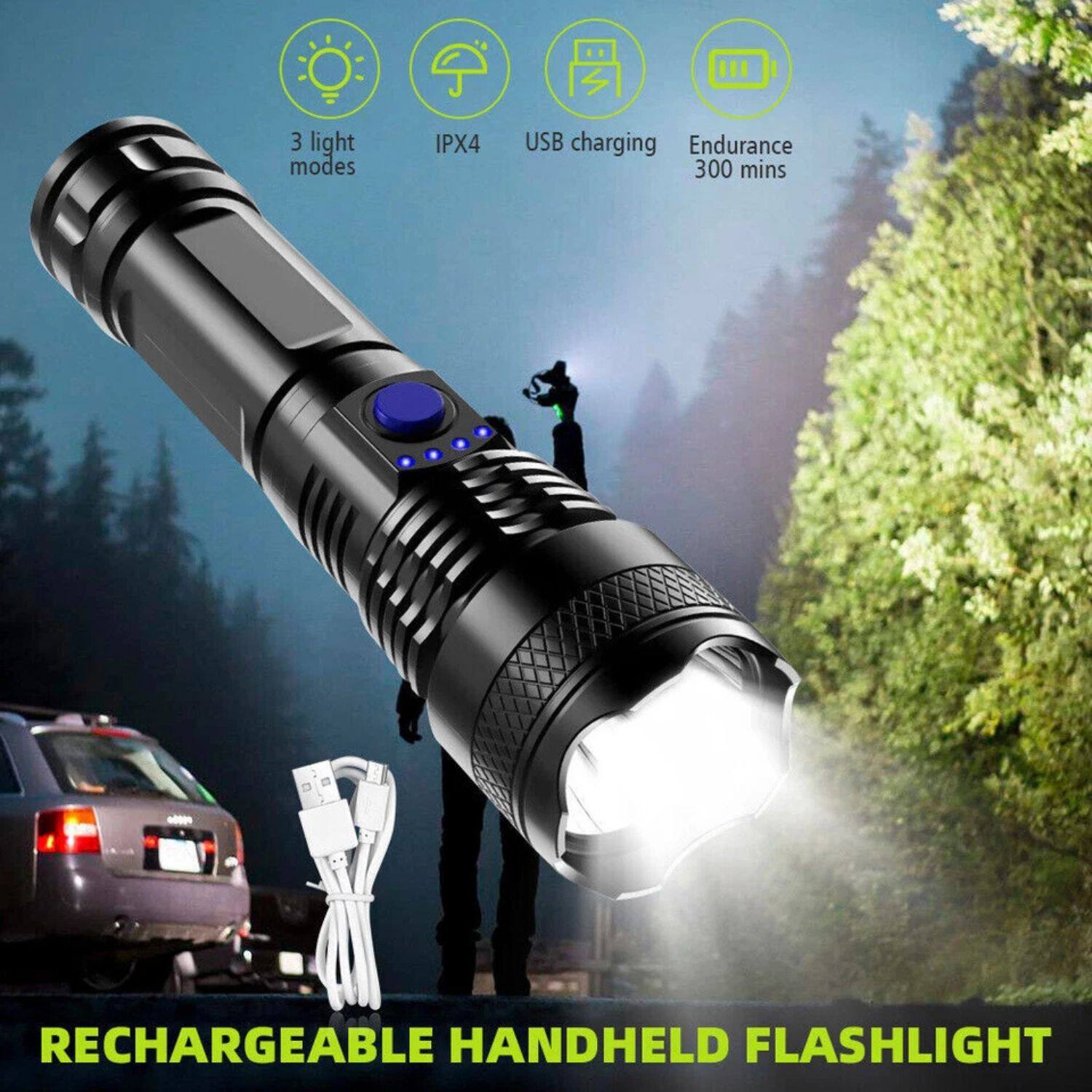 RECHARGEABLE HANDHELD FLASHLIGHT

- 3 light modes
- IPX4
- USB charging
- Endurance 300 mins