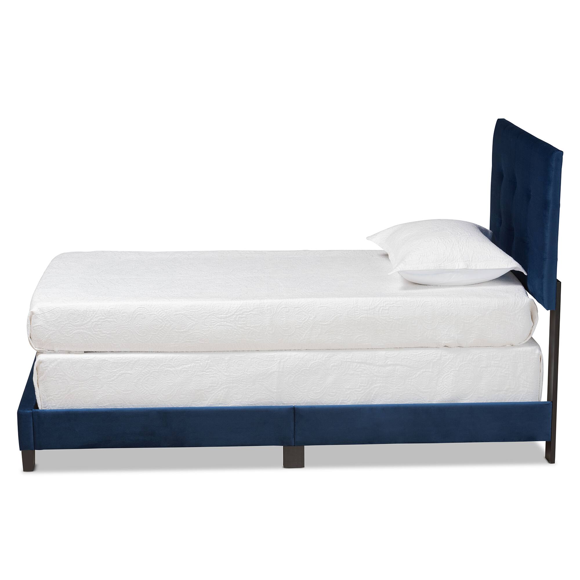 Angle. Baxton Studio - Caprice Modern and Contemporary Glam Velvet Fabric Upholstered Panel Bed - Navy Blue/Black.