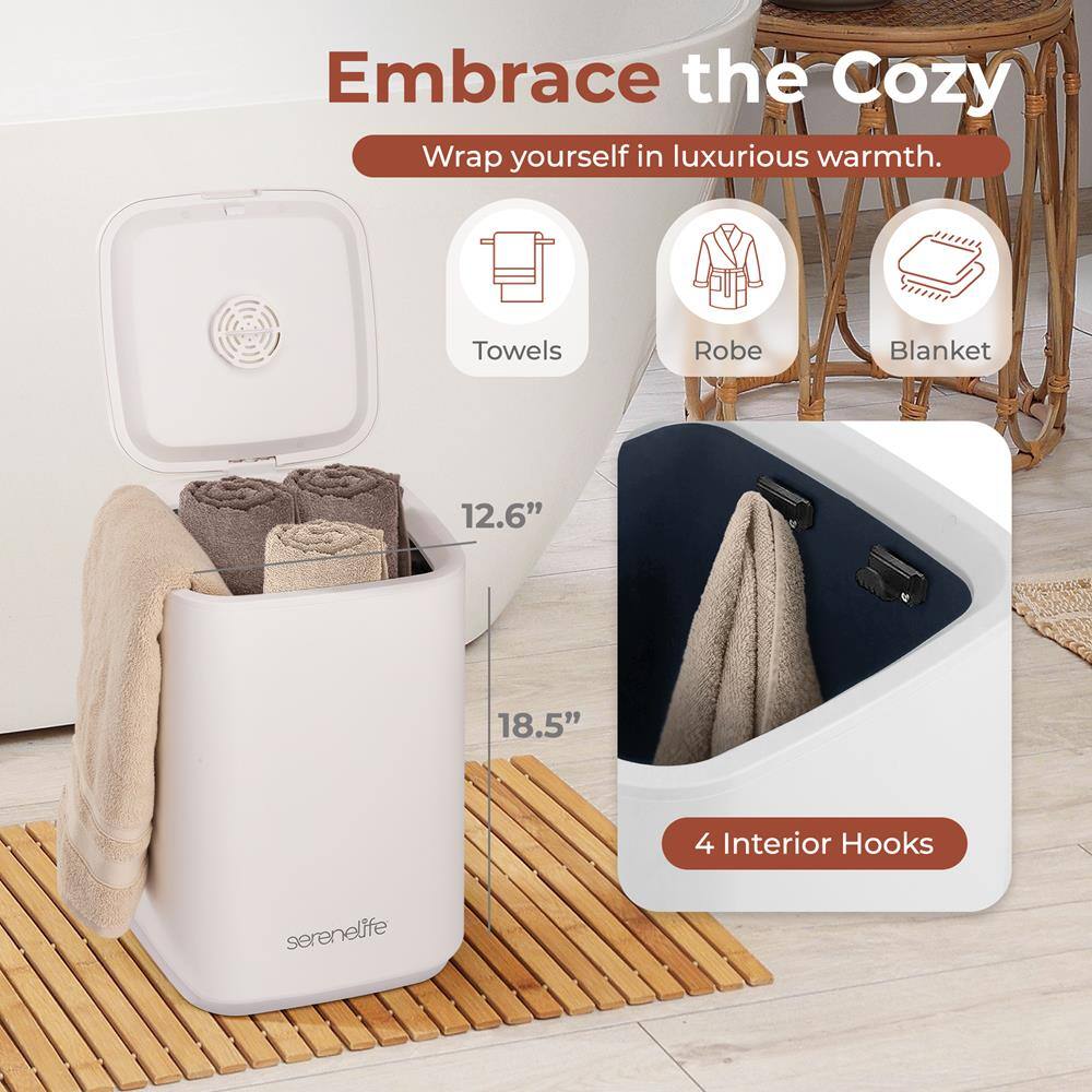 Embrace the Cozy  
Wrap yourself in luxurious warmth.  

Towels  
Robe  
Blanket  

12.6"  
18.5"  

4 Interior Hooks  

serenelife
