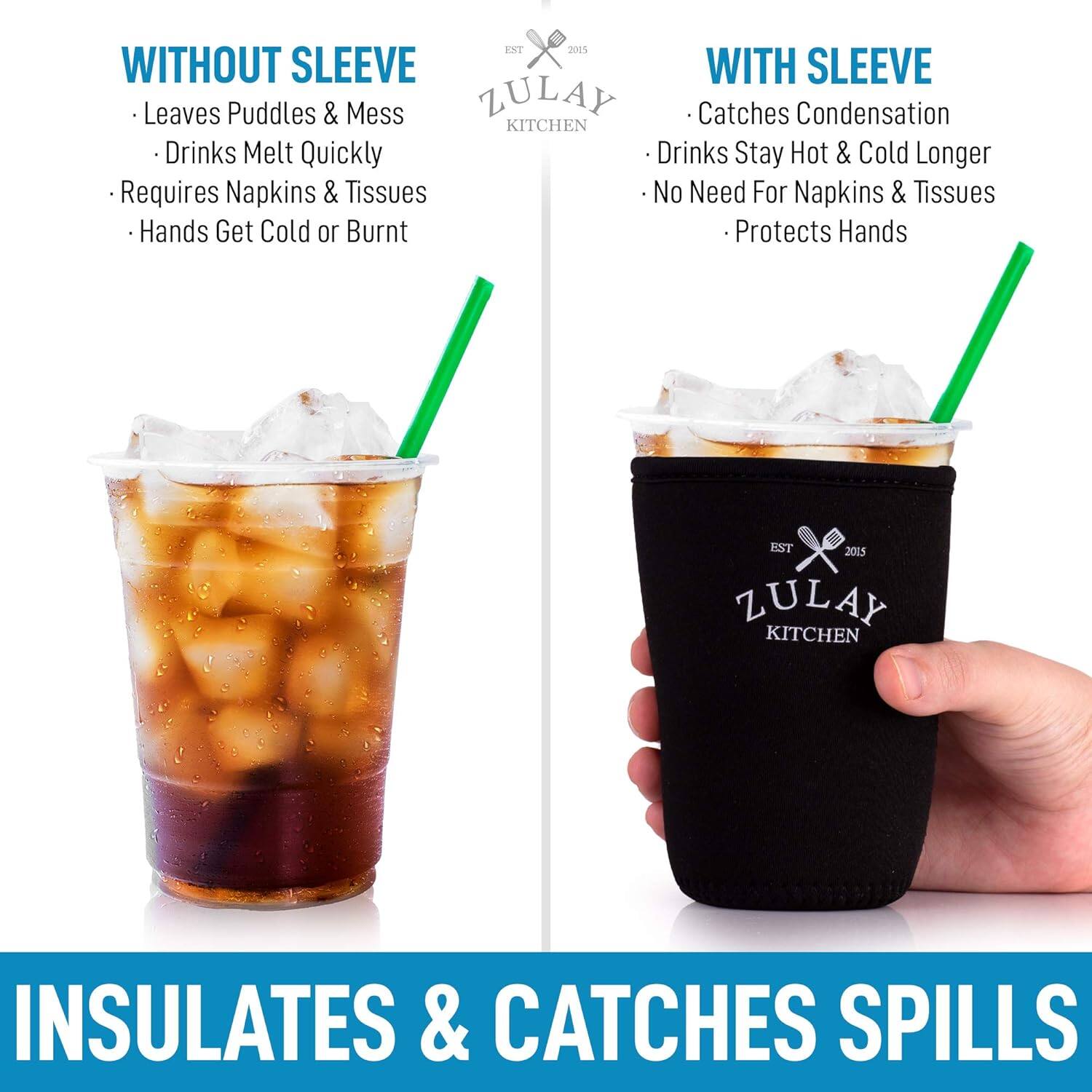 **WITHOUT SLEEVE**
- Leaves Puddles & Mess
- Drinks Melt Quickly
- Requires Napkins & Tissues
- Hands Get Cold or Burnt

**WITH SLEEVE**
- Catches Condensation
- Drinks Stay Hot & Cold Longer
- No Need For Napkins & Tissues
- Protects Hands

**INSULATES & CATCHES SPILLS**