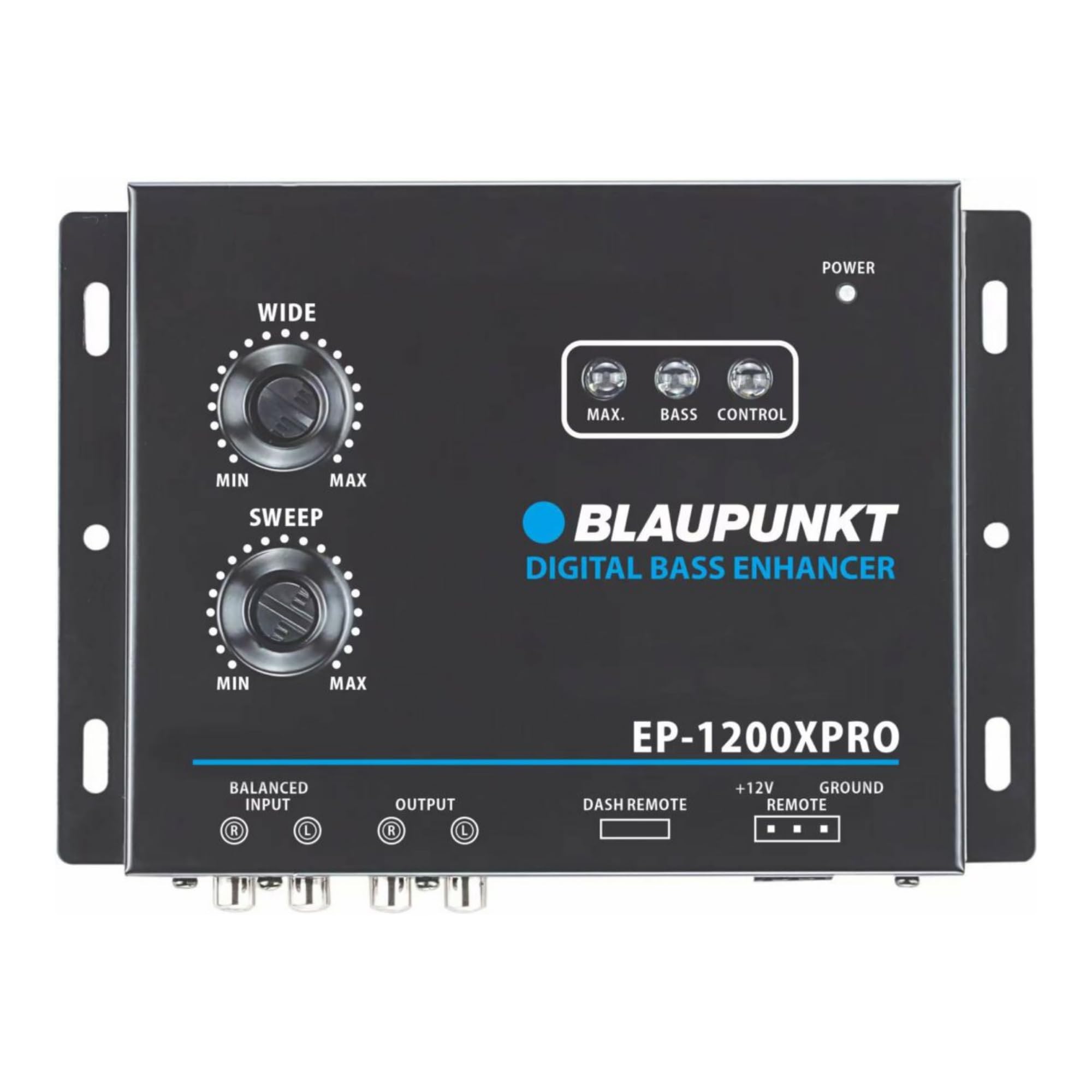 POWER  
WIDE  
MIN MAX  
SWEEP  
MIN MAX  
BASS CONTROL  
MIN MAX  
BLAUPUNKT  
DIGITAL BASS ENHANCER  
EP-1200XPRO  
BALANCED INPUT R L  
OUTPUT R L  
DASH REMOTE  
+12V  
GROUND  
REMOTE