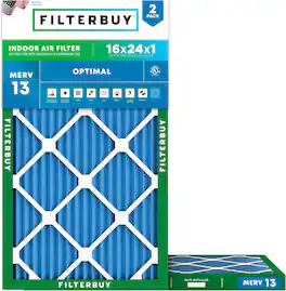 Filterbuy - 16x24x1 MERV 13 Smoke & Allergy Defense, Electrostatic Pleated HVAC AC Furnace Air Filters Replacement (2-Pack) - Blue