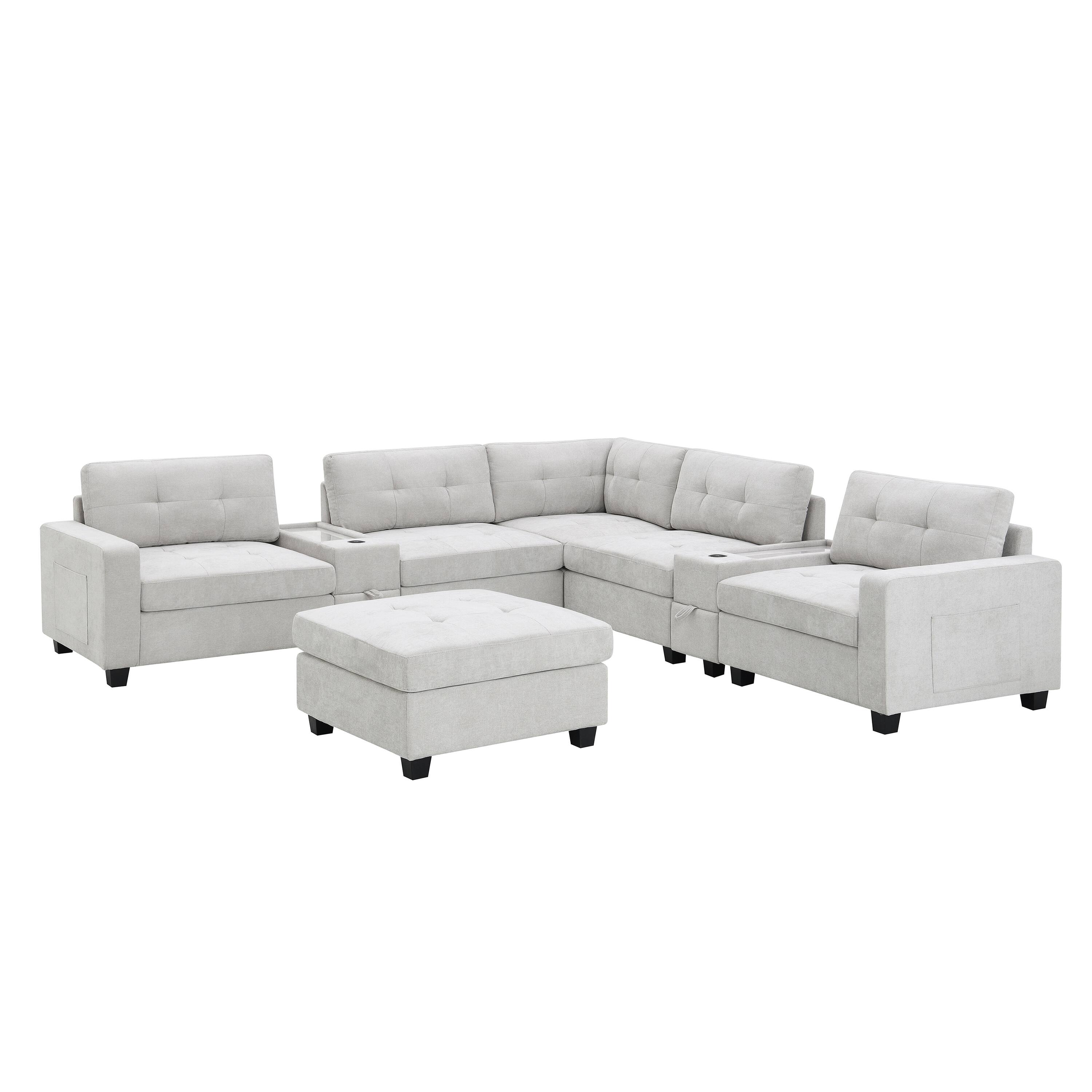 Left. Whisen - 104" Chenille L-Shaped Sectional Sofa with Movable Ottoman for Living Room - Light Gray.